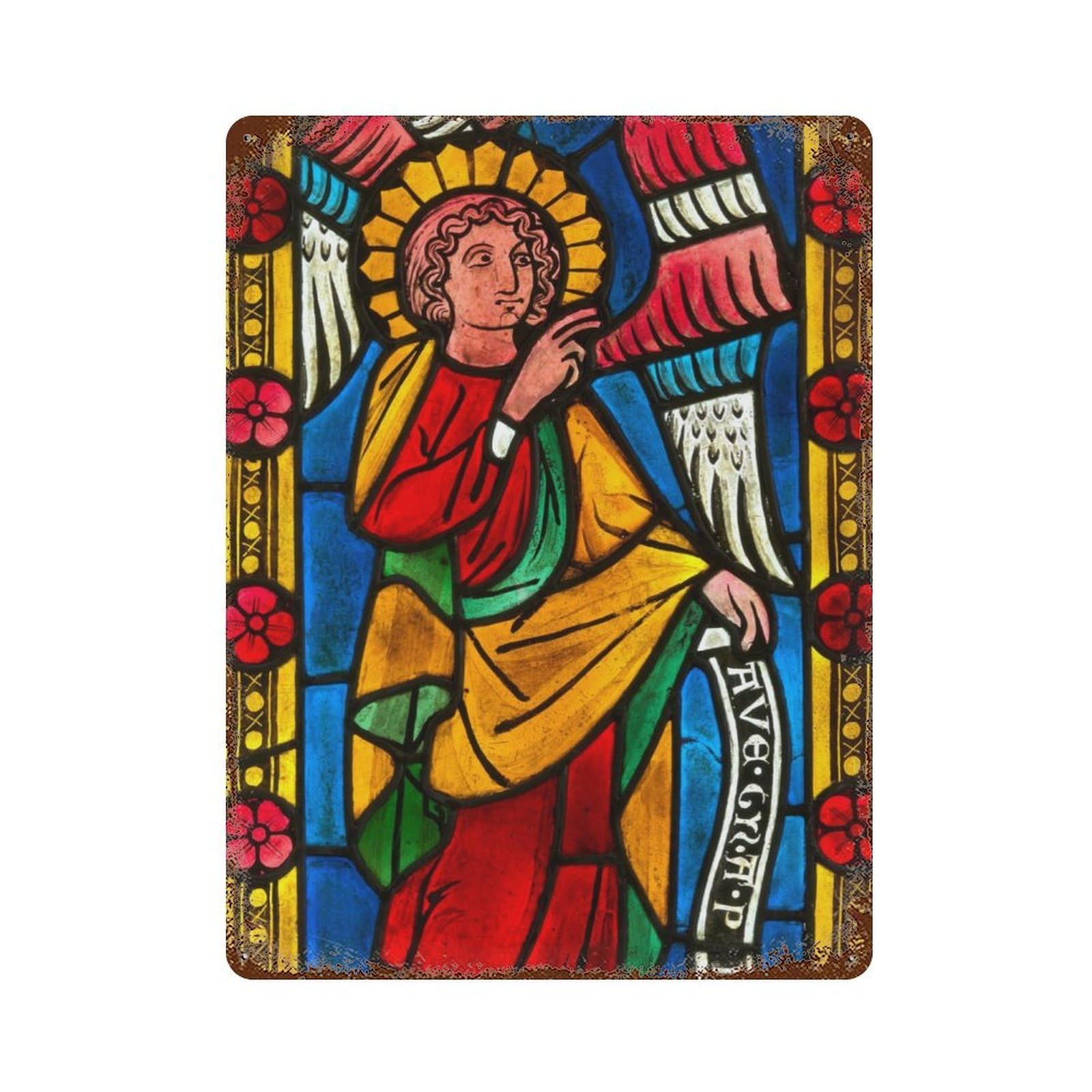 Garage Style Angel of The Annunciation Aged Metal Wall Plaque 15.7"x11.8", Farmhouse Wall Decor for Bar And Workshop