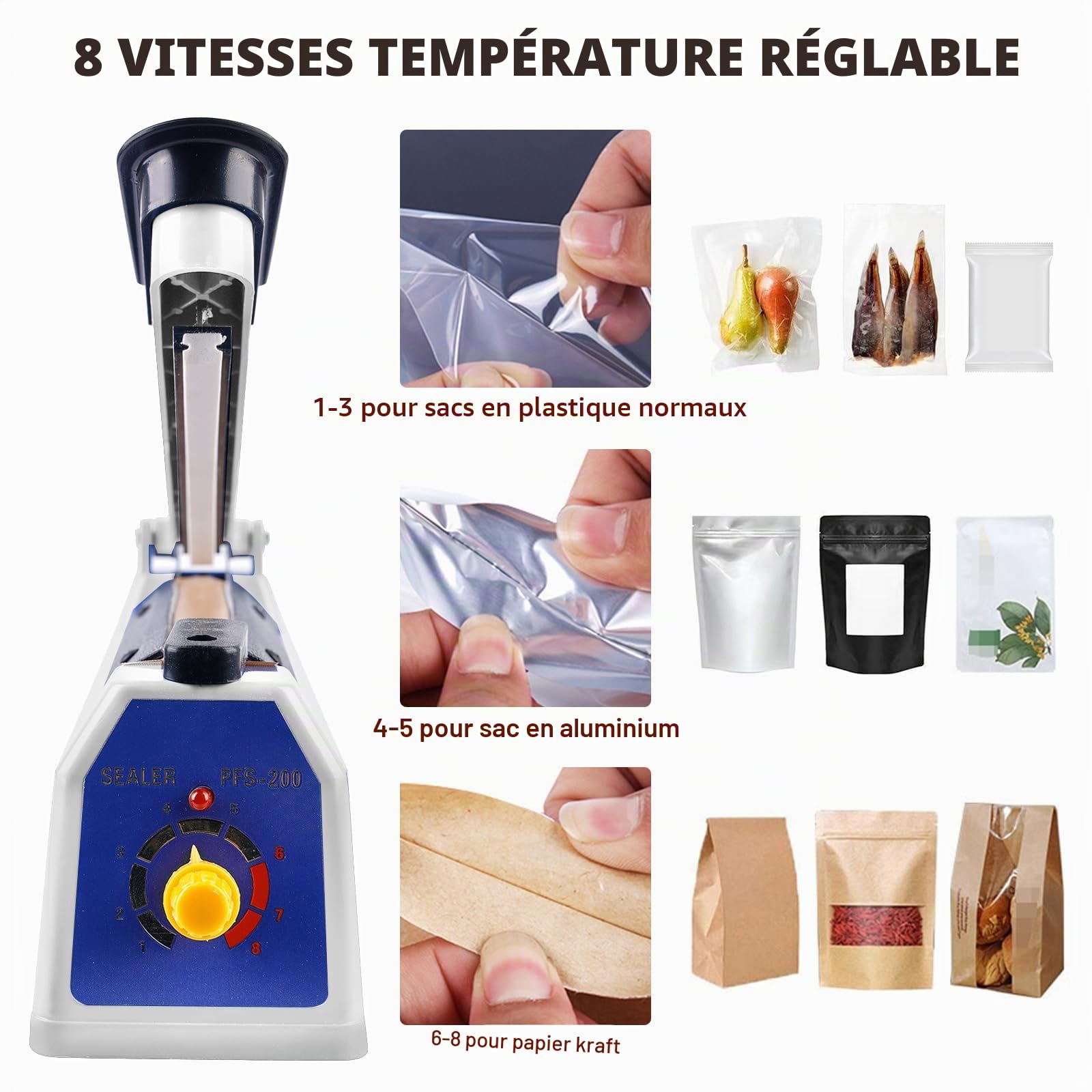 Scelleuse Thermique 200 mm, Thermoscelleuse Machine, Impulse Heat Sealer, Machine à Sceller à Chaud, Soudeuse Thermique, Thermoscelleuse, pour Sacs en Plastique, PE, PP, Mylar