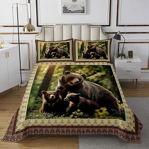 Black Bear Decor Coverlet Set Twin Size,Rustic Cabin Wildlife Bear Bed Cover for