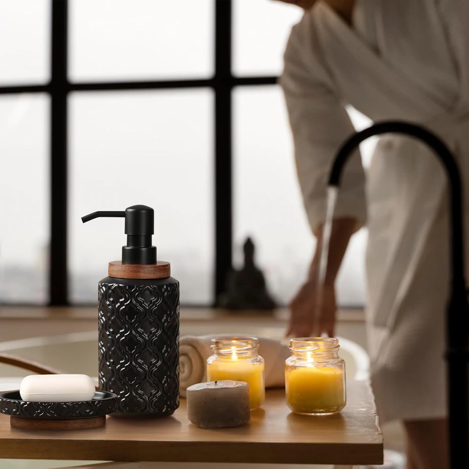 Bathroom Accessories Set 4 Pcs Toothbrush Holder Soap Dispenser Ceramic and Wood Bathroom Decor Set with Toothbrush Cup Soap Dish Tumbler Black - Image 5