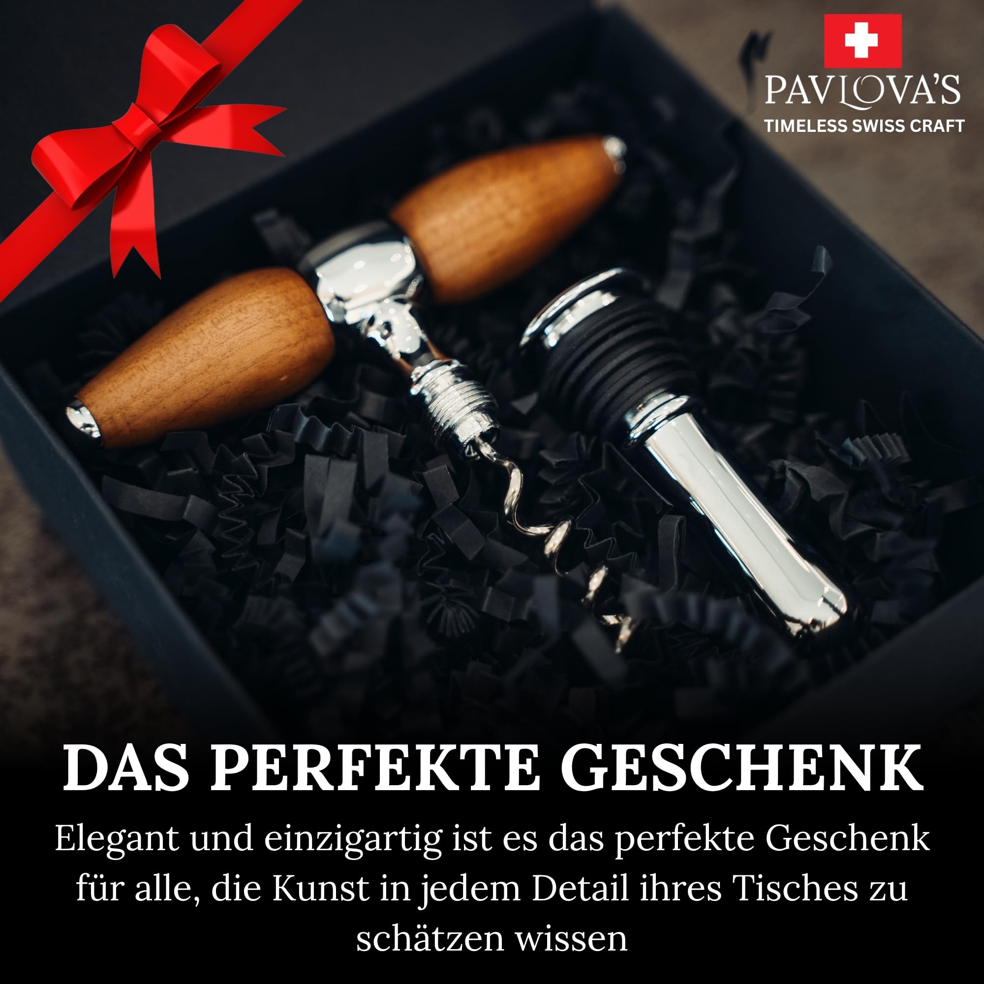 PAVLOVA’S Schweizer Korkenzieher & Flaschenverschluss Set 2-in-1 aus Walnussholz – Edelstahl – Vintage Design – Sicherer Flaschenverschluss – Geschenkbox – 10 Jahre Garantie – Limitierte Edition