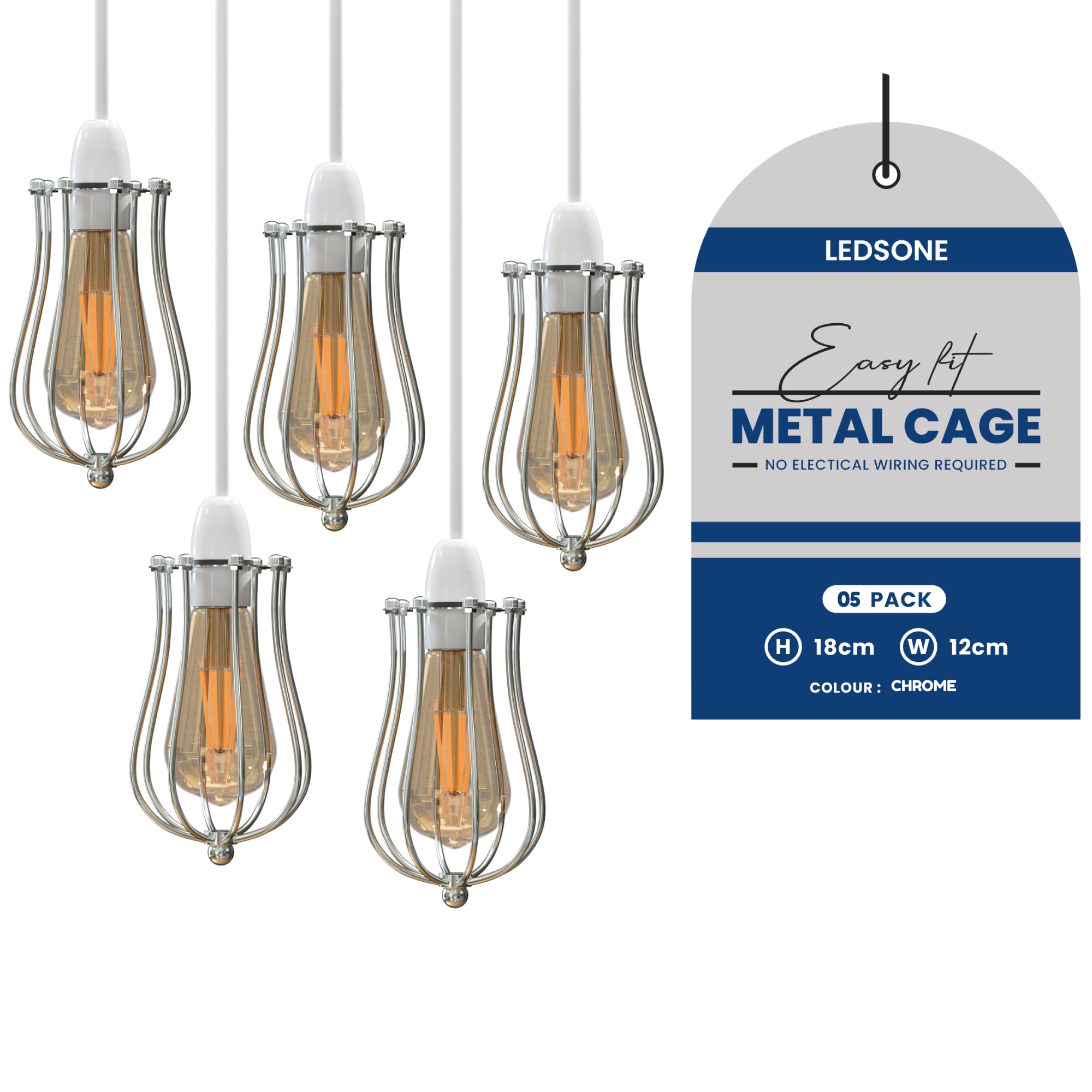 LEDSone 5 Pack Chrome Metal Balloon Wire Cage Lamp Shade Retro Design 12cm Width and18cm Light Shade Ceiling Pendant Light Shade Vintage Industrial Style Easy Fit Metal Lamp Shade(Chrome 5Pack)