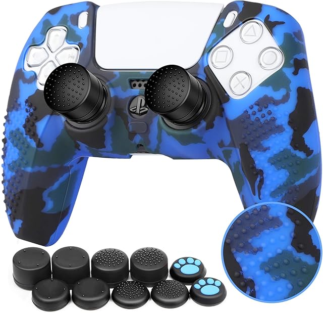 Benazcap Silicone Skin Accessories for PS5 DualSense Controller, PS5 Controller Skin x 1, with Thumb Grip x 10,Camouflage Blue