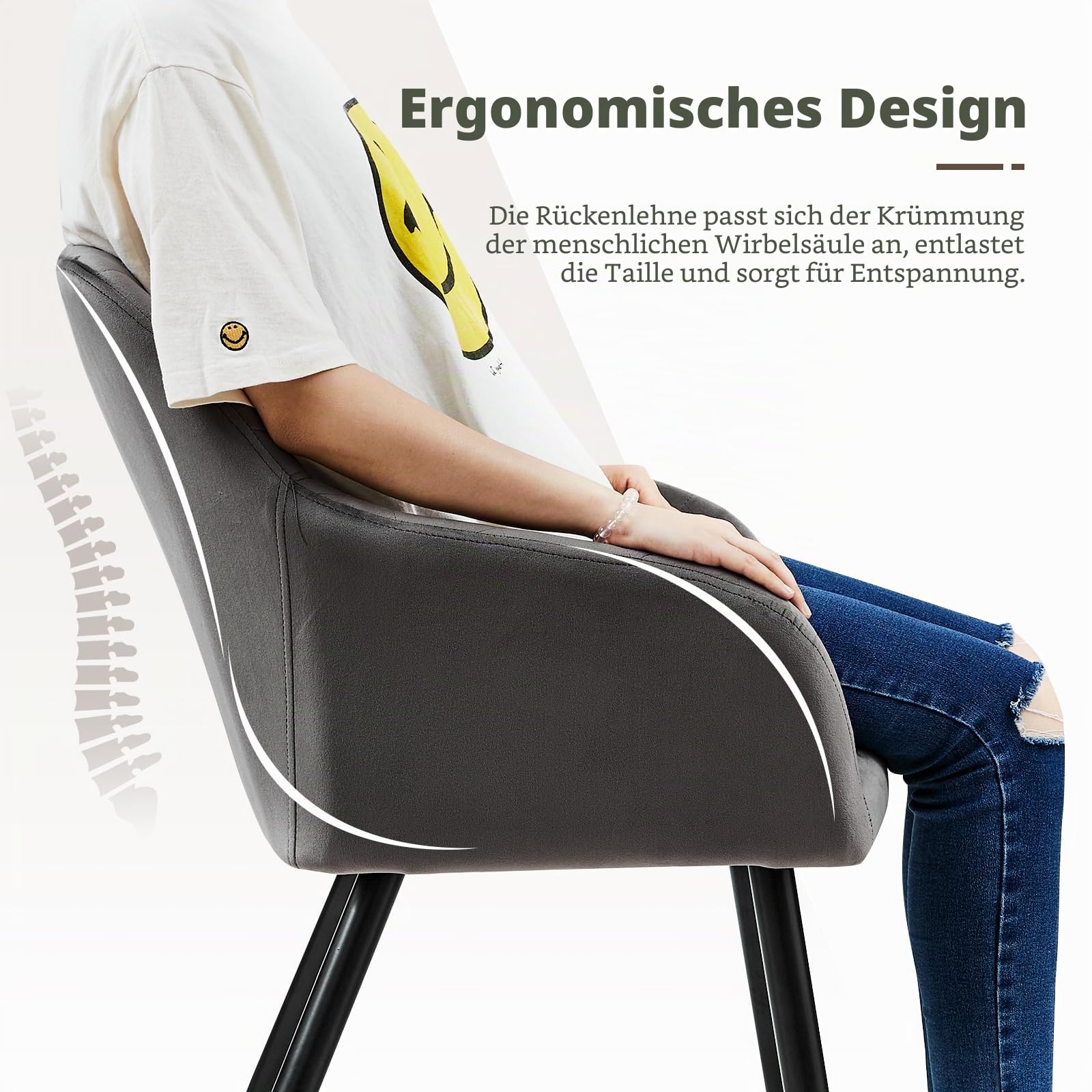 TUKAILAI Esszimmerstühle 4er Set aus Samt, Küchenstuhl Polsterstuhl Wohnzimmerstuhl Sessel mit Armlehnen Rückenlehne Metallbeinen, für Küche Esszimmer Wohnzimmer Lounge,Grau