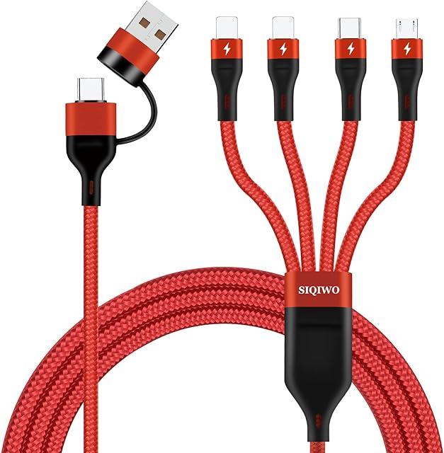 Multi Charging Cable 3A, SIQWIO Nylon Braided USB A/USB C to 4 in 1 Fast Charging Cord with 2iP Micro USB Type C Port, for Samsung Galaxy S22 S10 S9, Huawei, Xiaomi, Nokia, LG, Sony, PS5, Kindle-1.2M