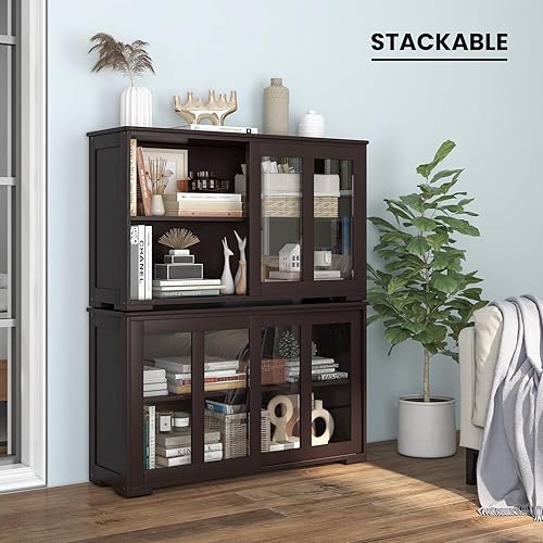 Miniatura 6 de COSTWAY Aparador de buffet con almacenamiento, armario de piso de 2 puertas con gabinete deslizante de vidrio templado y estante ajustable, armario