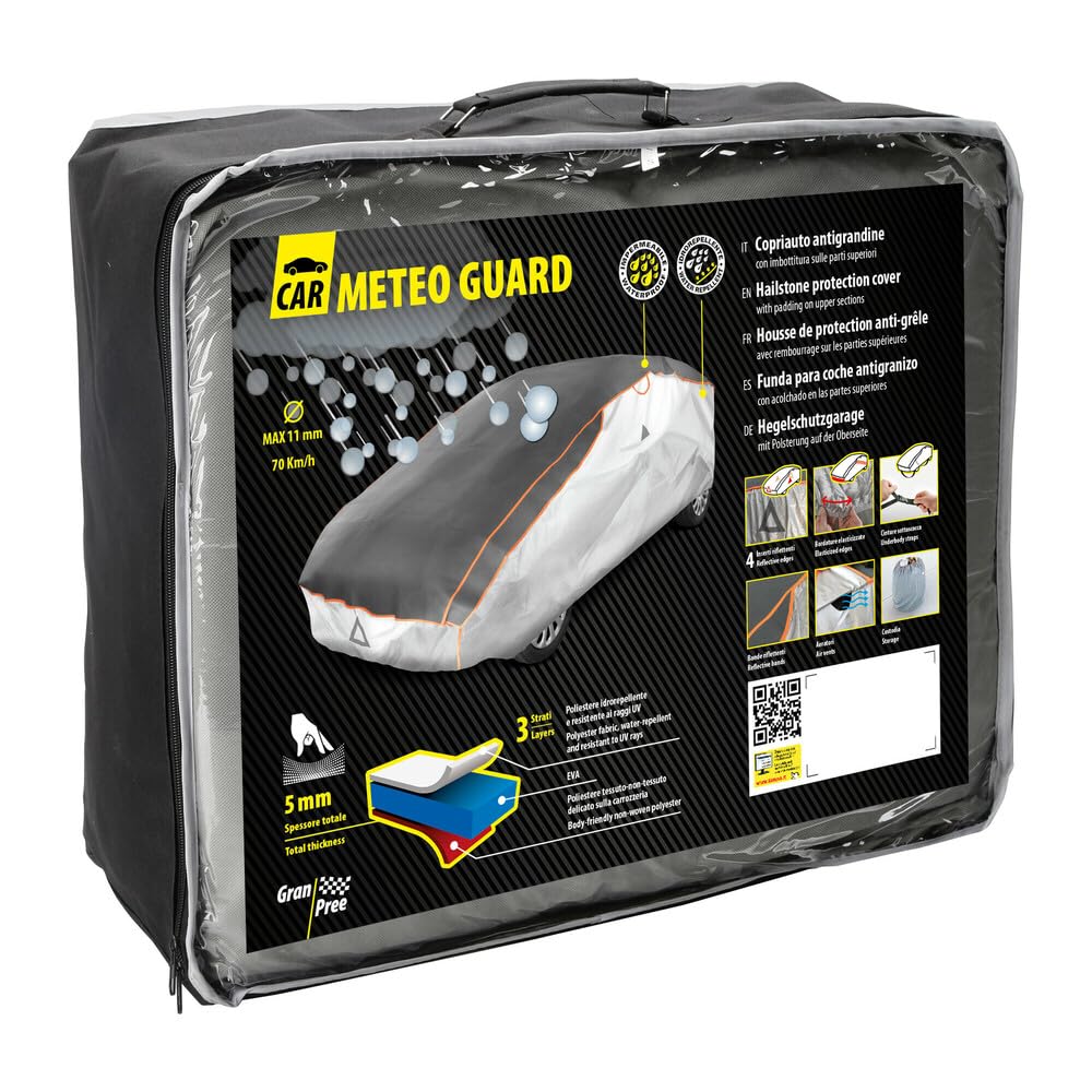 Gran Pree 20402 Car Meteo Guard, Telo Copriauto Antigrandine elasticizzato 3 strati di protezione, impermeabile restistente raggi UV, copriauto antigrandine - MG-S - cm 120x165x400
