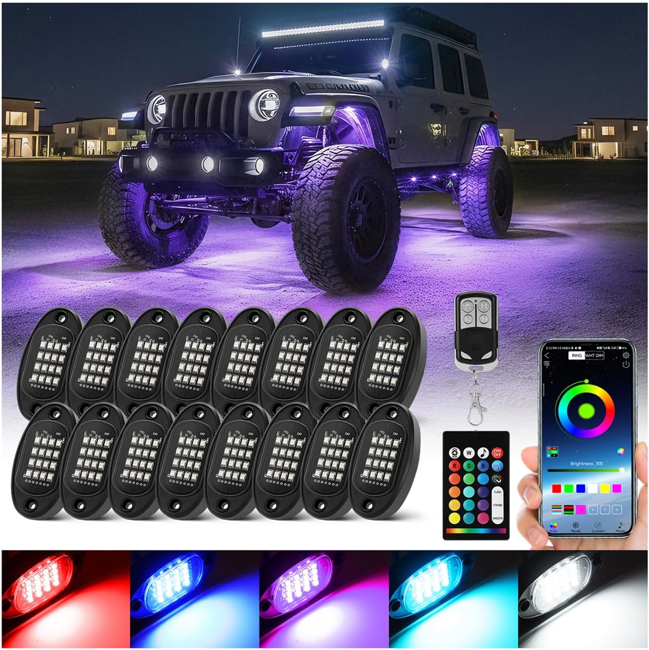 16 Pods RGB LED Rock Lights for Semi Trucks Offroad Pickup Trailer Sedan, Segmented Change Color Underglow Lights Kit with APP/RF Control, 12V Waterproof Neon Multicolor Vehicle Underbody Light