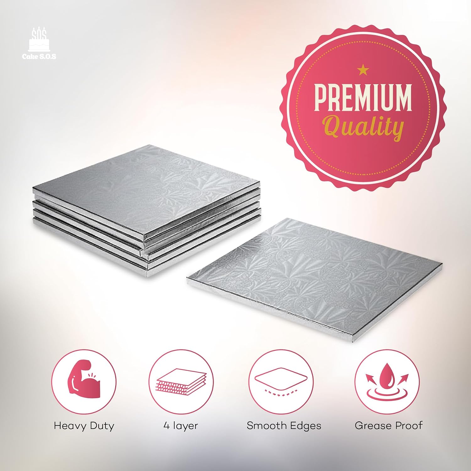 12 inch Silver Square Sturdy Cake Board Drums for Displaying Cakes, 1/2 inch Thick, 6 Count