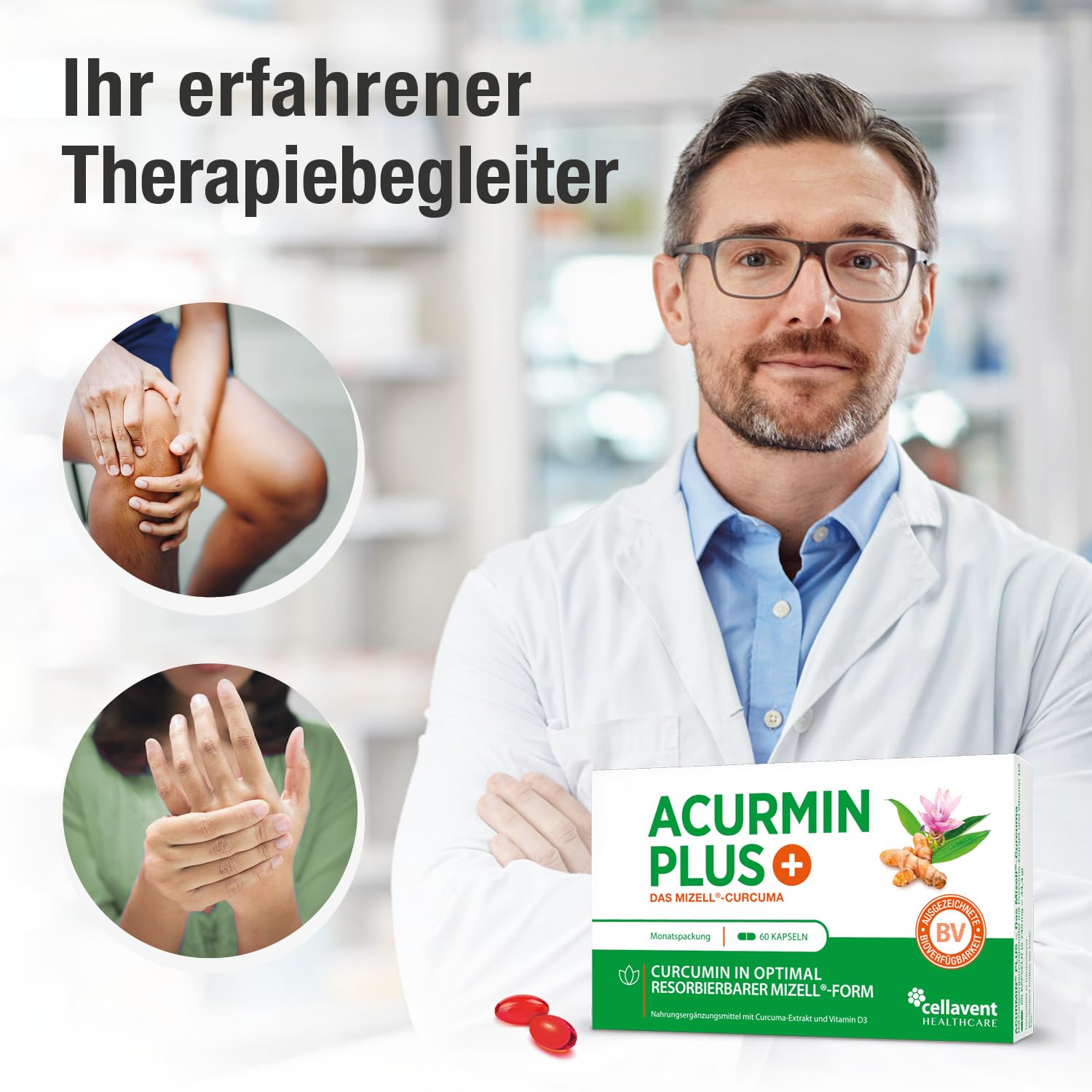 185x effektivere Kurkuma Kapseln - 10.000 mg Kurkuma Pulver/Tag - Kurkuma hochdosiert ohne Piperin - Mizell Curcuma - 95% Curcumin - mit Vitamin D3 für Knochen - Acurmin PLUS, 60 Kapseln