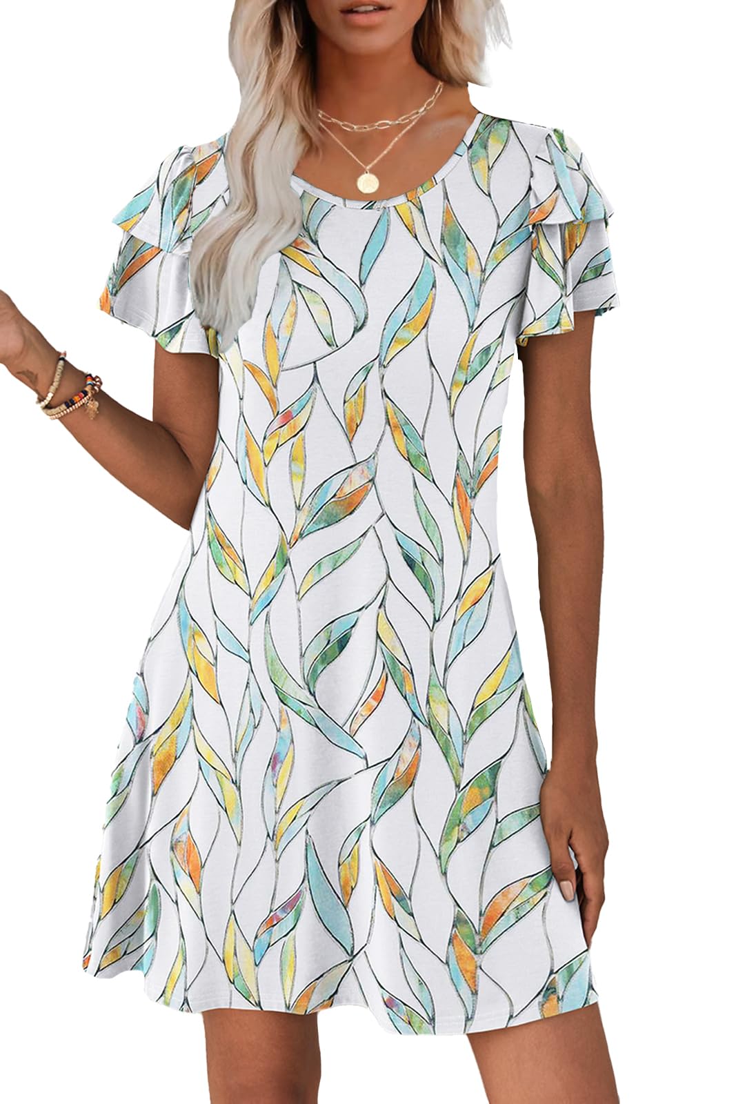 Hount Women's Summer Dresses 2026 Ruffle Sleeve Sundresses Casual Beach Mini Dresses with Pockets