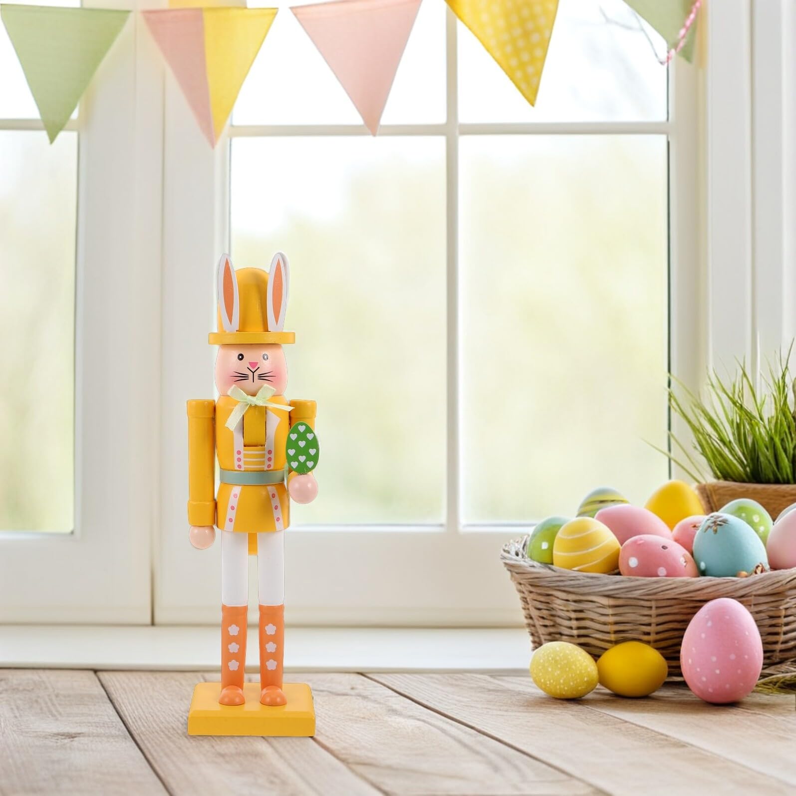 Osterhasen Nussknacker 30cm Gelbe Osterdekoration für Tisch Frühlingsfeste Robuste Osterfigur zur Innenraum Dekoration