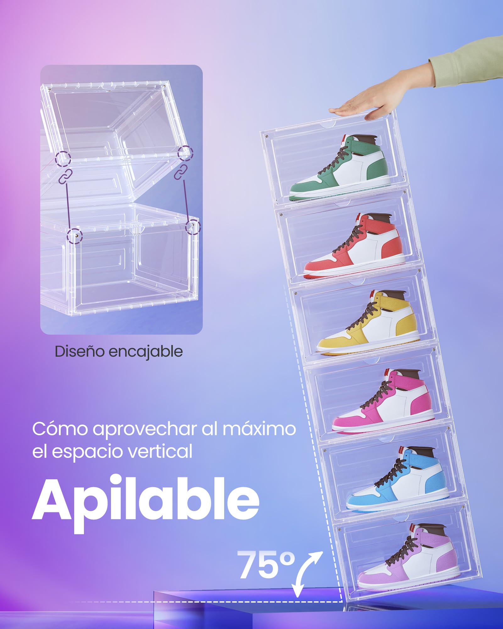SONGMICS Cajas para Zapatos, Juego de 6, Organizador de Zapatos Transparente, de Plástico, con Puerta, Apilable, 33 x 28,5 x 19,2 cm, para hasta la Talla 46, Blanco Transparente LSP506W01