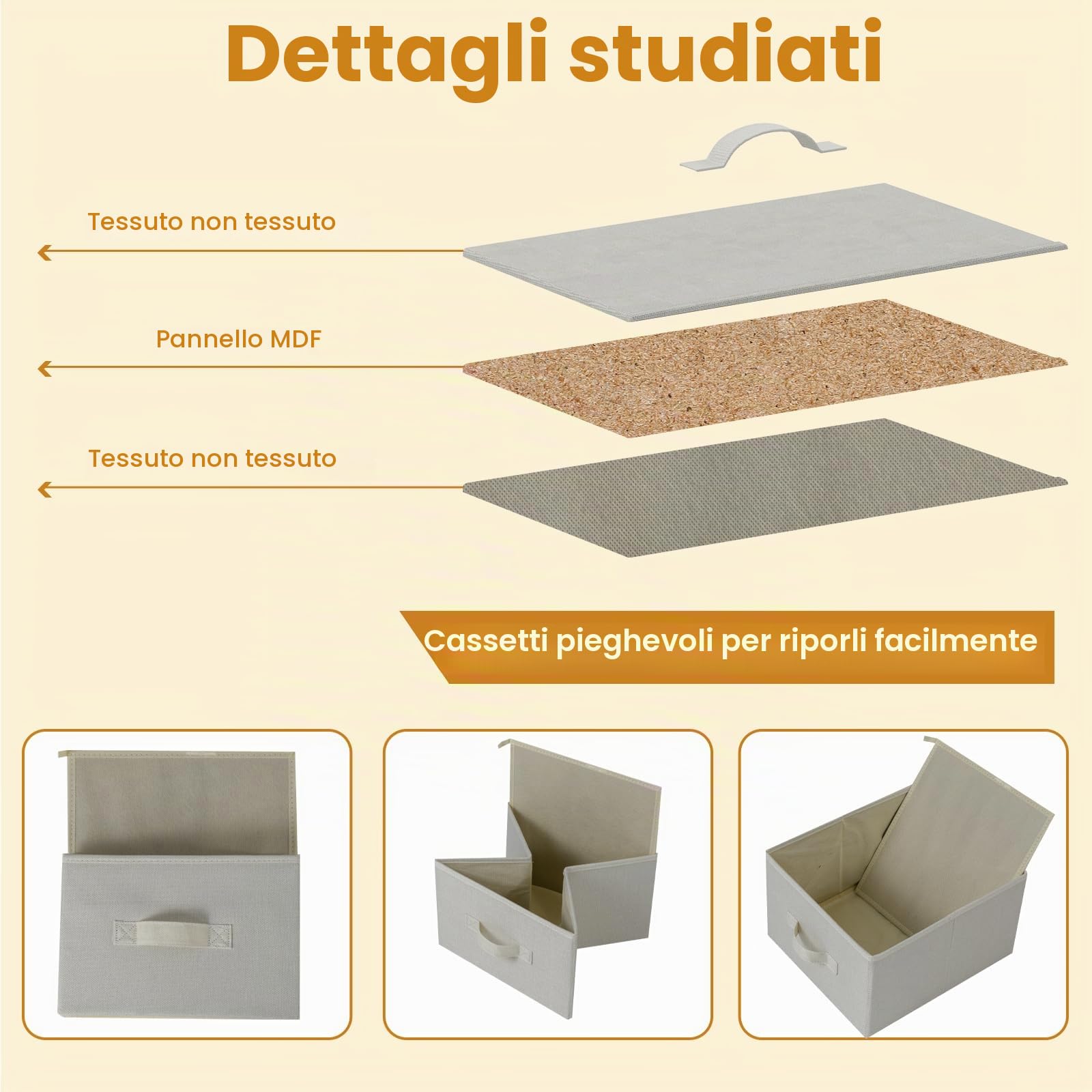 KOMFOTTEU Cassettiera con 6 cassetti pieghevoli in tessuto, cassettiera in bambù a 3 livelli, mobile organizer con dispositivo antiribaltamento, armadio di stoccaggio per camera da letto, soggiorno