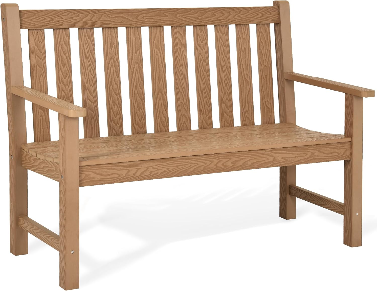 DWVO Garden Bench, 2-Person Poly Lumber Outdoor Bench with Wide Armrests and Backrest, All-Weather Yard Bench for Patio, Porch, Poolside and Balcony, Easy Installation(Teak)