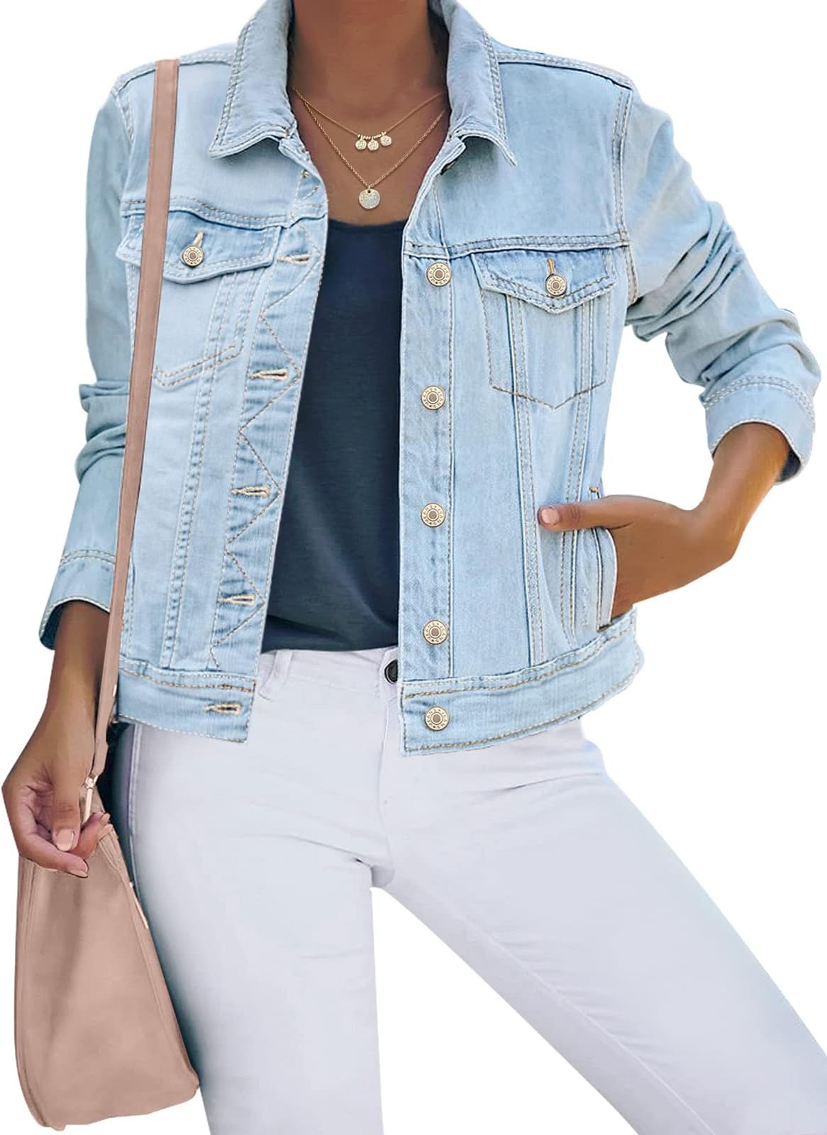 Women's Basic Button Down Stretch Fitted Long Sleeves Denim Jean Jacket