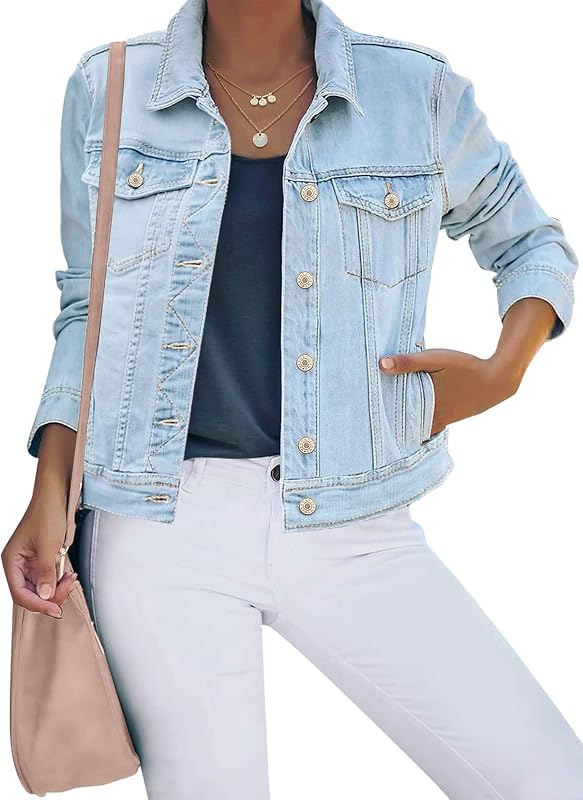 luvamia campera vaquera básica de manga larga con botones y ajuste elástico para mujer