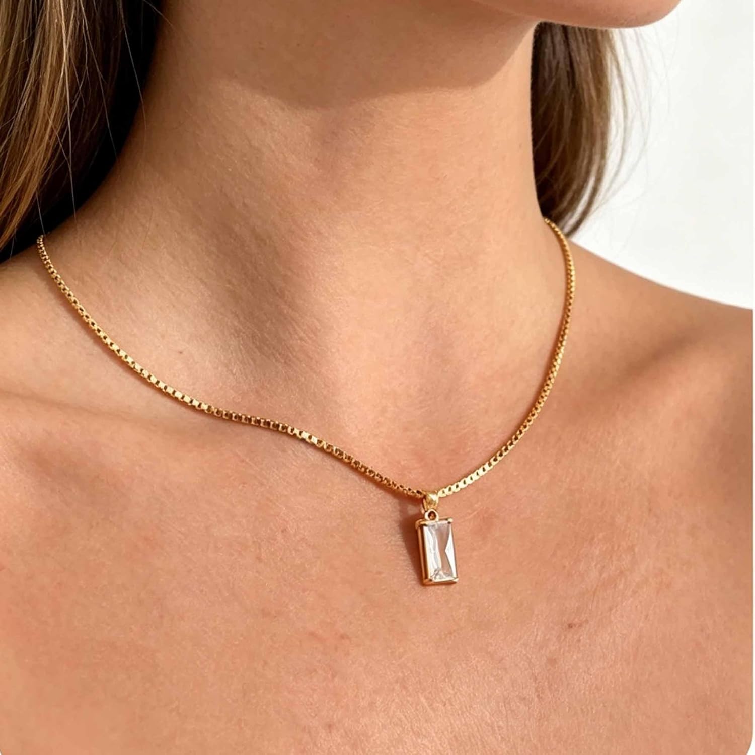 Gold-Tone Baguette Cubic Zirconia Necklace for Women, Dainty Birthstone Neck Accessory, Trendy Necklace for Daily Wear