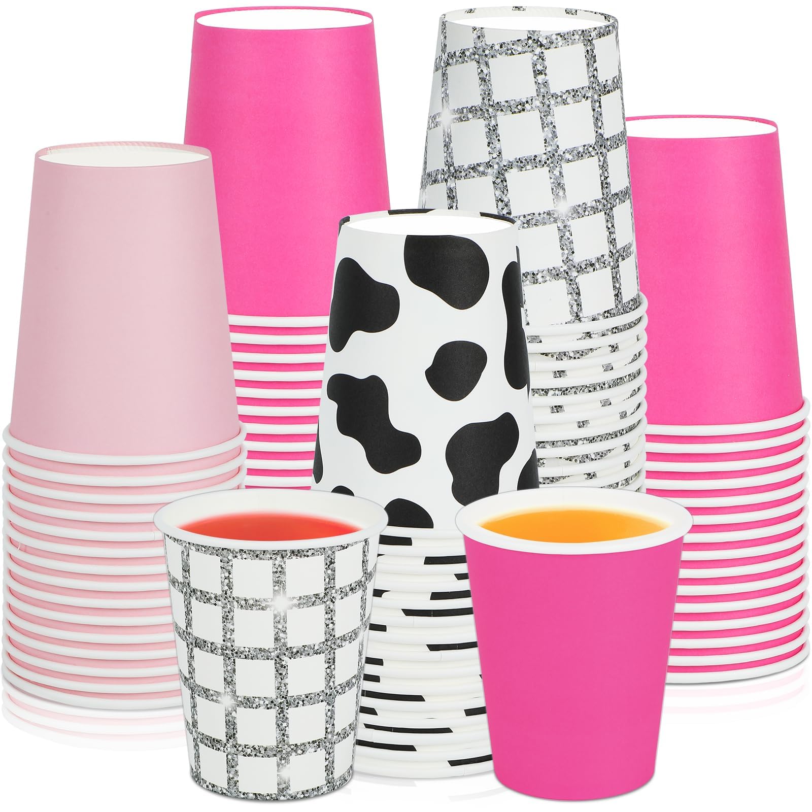 60PCS Western Cowgirl Paper Cups for Girls Women Party Supplies 9oz Hot Pink Disco Ball Birthday Disposable Cups Bulk Rodeo Party Favors Cow Print