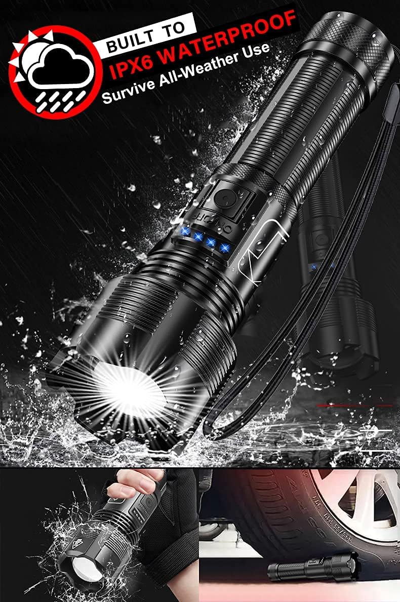 Rechargeable LED Tactical FLashlights High Lumens, 8000 Lumens XHP50 Super Bright LED Flashlight with 2200mah Battery, Zoomable, IPX6 Waterproof, 5Modes, Powerful Handheld Flashlight for Camping, 2PCS - - 