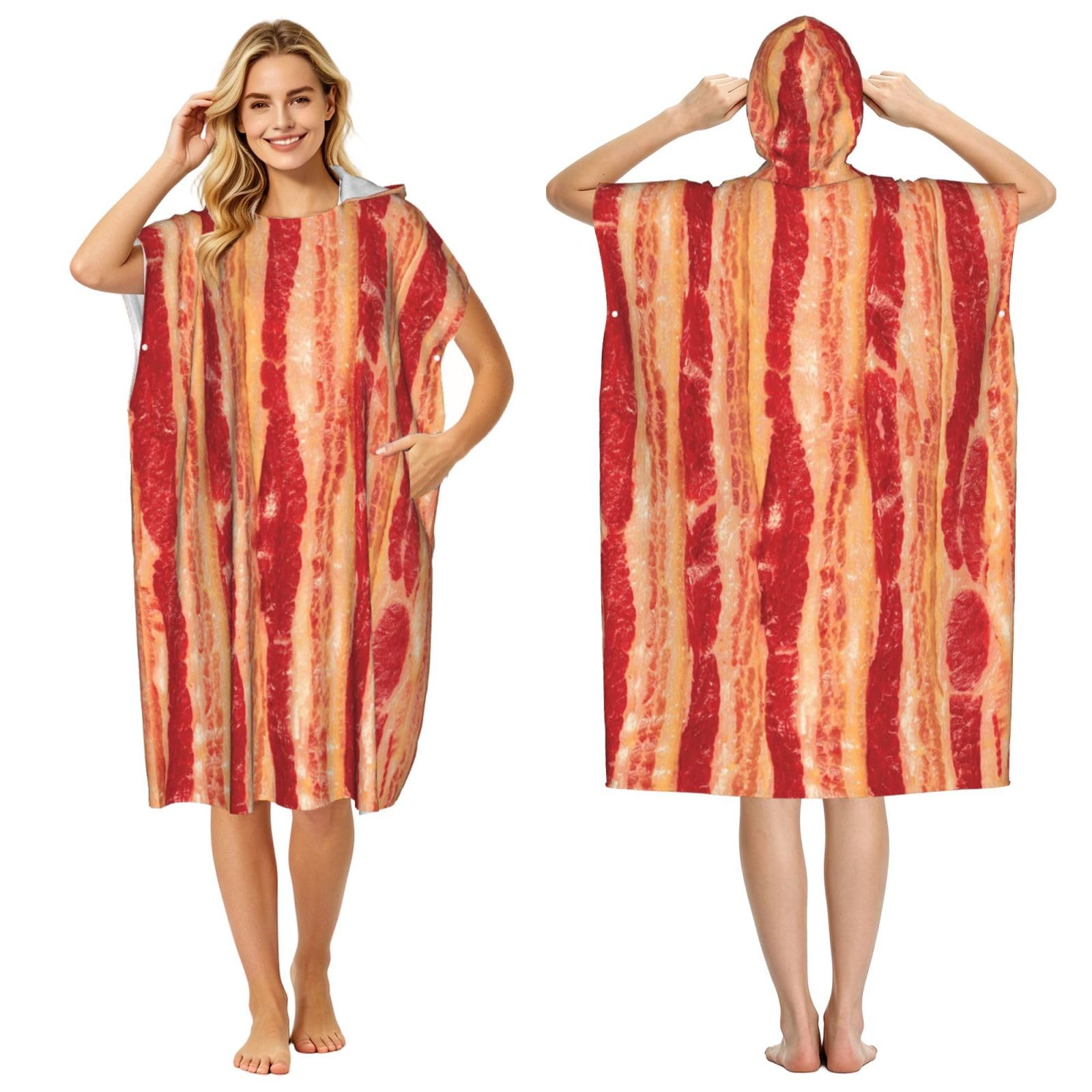 Poadnly Bacon Slabs, Adult Hooded Beach Towel 90 x 110 cm,Changing Bath Robe, Surf Poncho Towel For Women Men