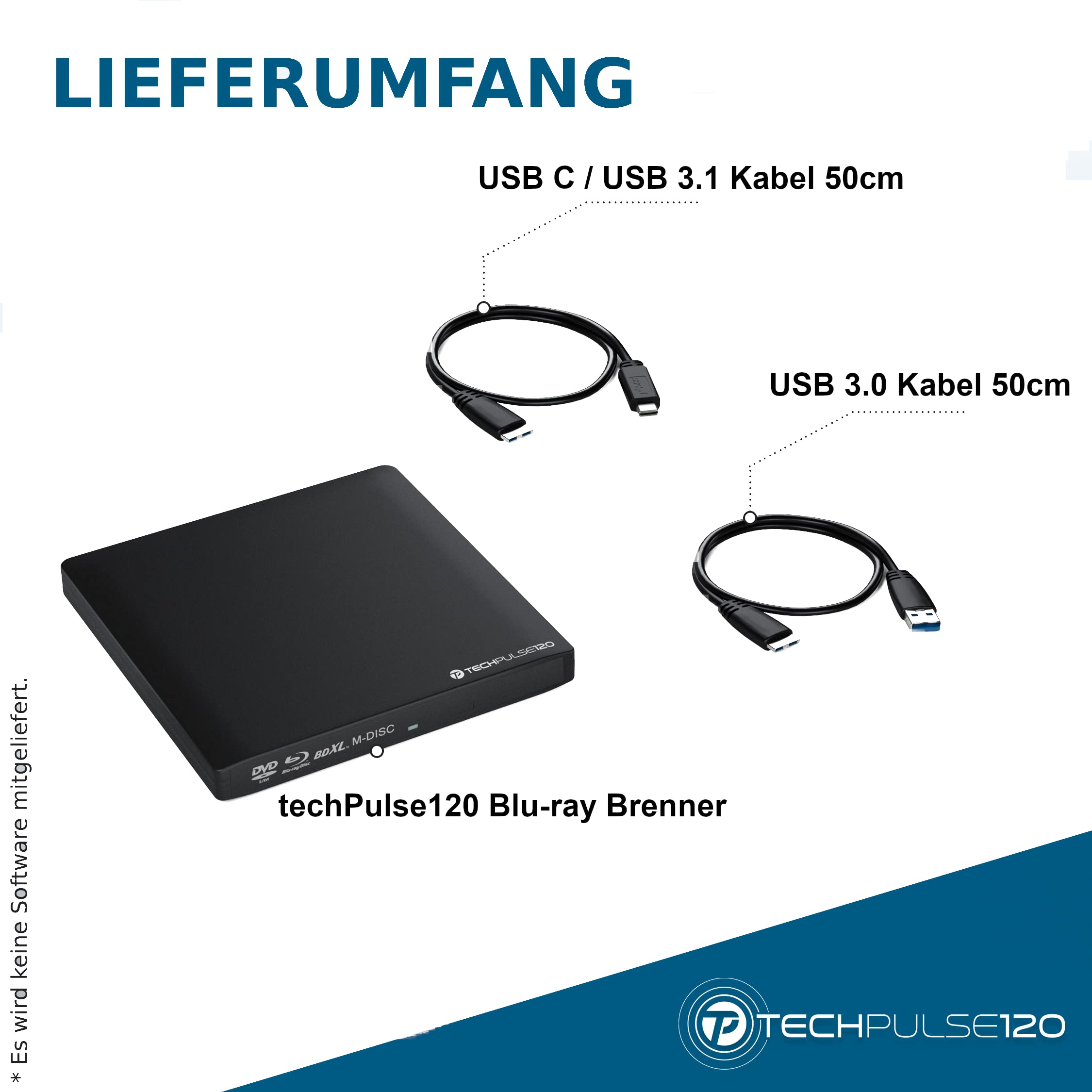 techPulse120 USB 3.0 Typ-C externer Blu-ray Brenner 3D M-Disc BDXL 100GB Burner Superdrive Blueray Laufwerk BD DVD CD Slim für Computer Notebook Ultrabook Windows MacOS Apple iMac MacBook Alu Schwarz