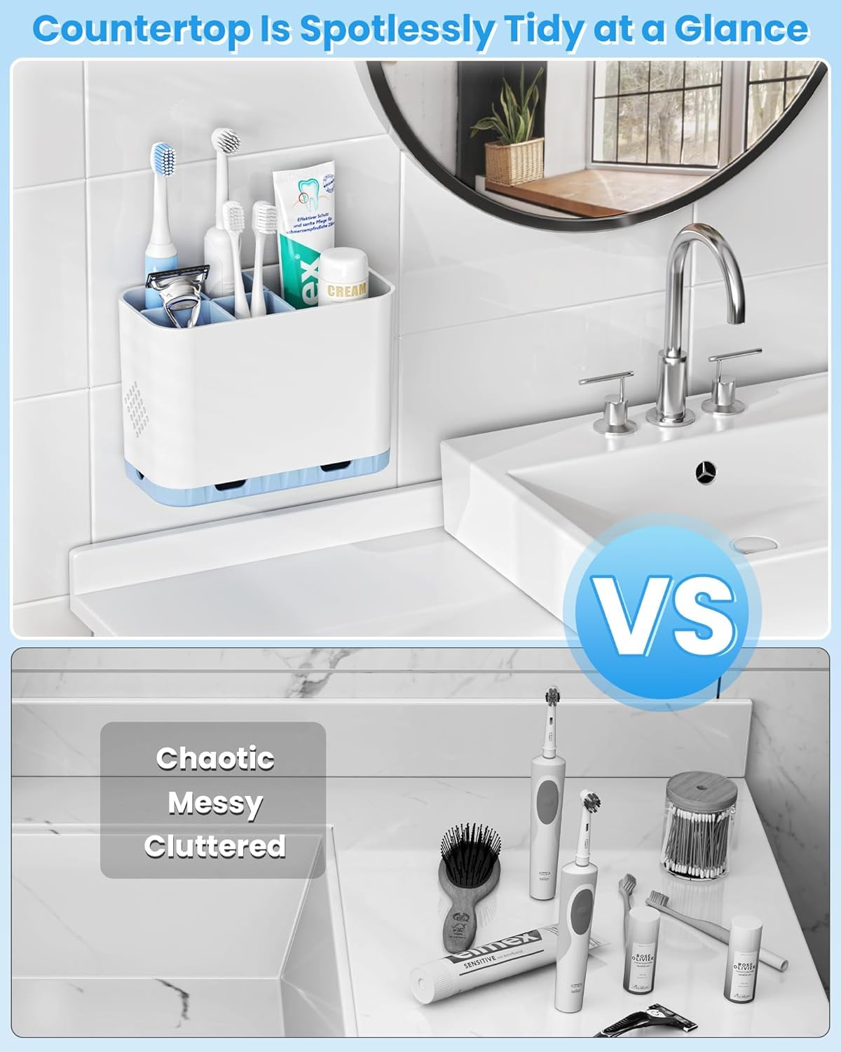 5 Slots Detachable Toothbrush Holder Set - for Bathroom Countertop, White and Blue - Image 6