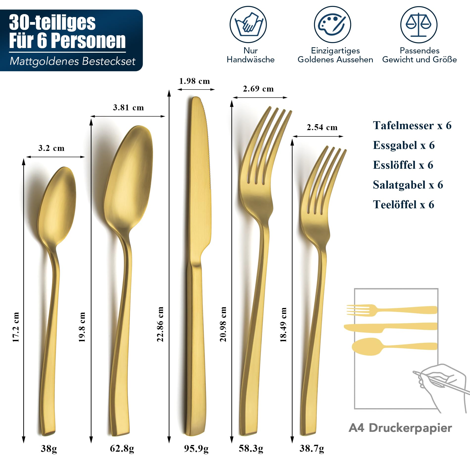 Cubiertos dorados mate, EIUBUIE cuberterias completas 6 personas, 30 piezas | mate cepillado, mangos únicos, equilibrado, cuberteria acero inoxidable, cuchillo cuchara tenedor, dorada juego de cubiertos