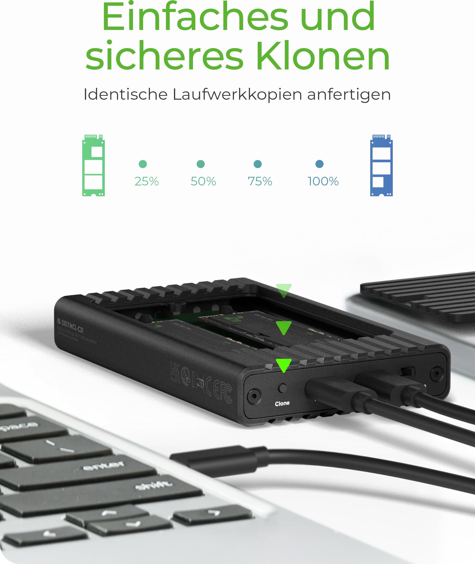 ICY Box M.2 NVMe SSD Docking Station USB 3.2 Gen 2 (10 Gbit/s), NVMe Klonstation & Lesegerät, Extern, Adapter, USB-C & USB-A, IB-2817MCL-C31
