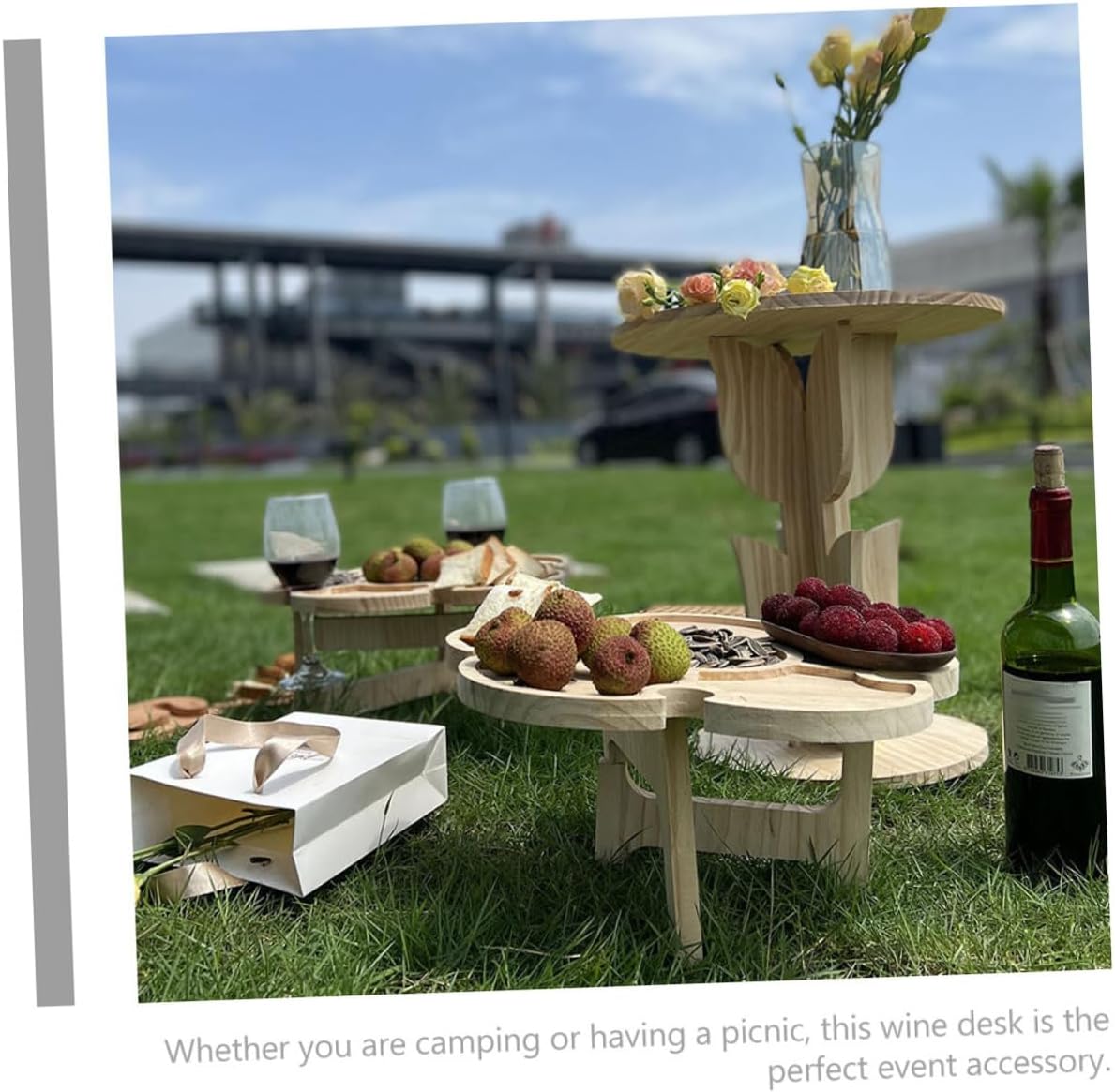 Portable Wooden Wine Desk Folding Picnic Table for Outdoor Beach Camping BBQ, 35cm Diameter Flower-Shaped Travel Table with Tray for Patio and Lawn