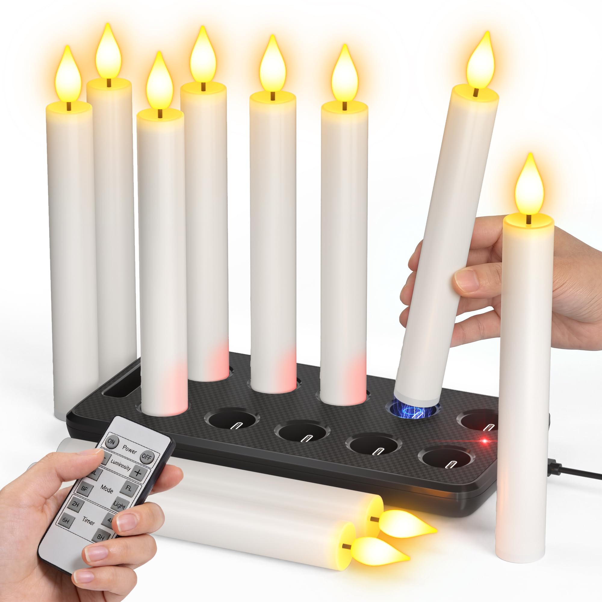SoulBay 10er LED Kerzen Aufladbar mit Fernbedienung & TImer & Ladestation | 17cm LED Stabkerzen Flackernde Flamme, USB-C Wiederaufladbare Elektrische Kerzen für Wohnzimmer Halloween Deko Weihnachten