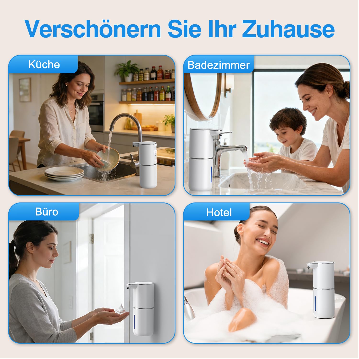 Automatyczny dozownik mydła w płynie, bezdotykowy z czujnikiem, 380 ml, montaż ścienny, ładowanie przez USB, IPX5, 4-stopniowy, regulowany elektryczny dozownik mydła do łazienki i kuchni, biały