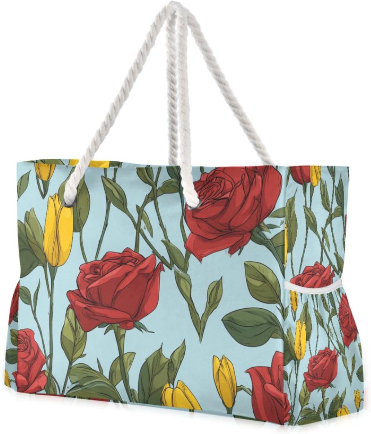 OTVEE Yellow Tulips and Roses Pattern Beach Bags for Women Ladies Large Canvas Tote Shoulder Bag Waterproof Travel Bags for Gym Swim Pool Camping