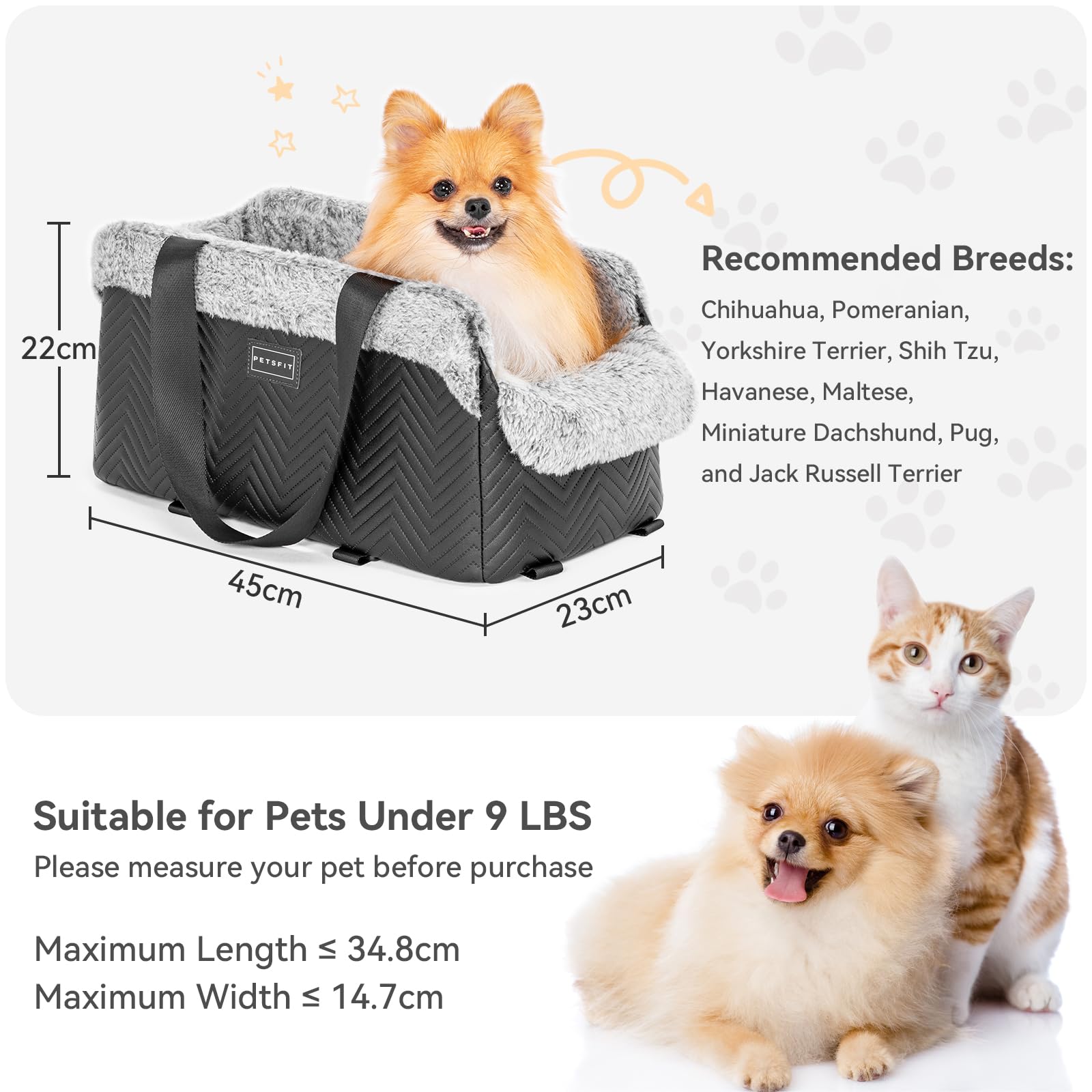 PETSFIT Hundesitz Mittelkonsole Auto, tragbarer Autositz Hund Mittelkonsole mit sicheren Schutzhaken, luxuriöser Hunde Autositz mit verbesserten Sicherheitsgurten für Kleine Hunde bis zu 5KG,Schwarz