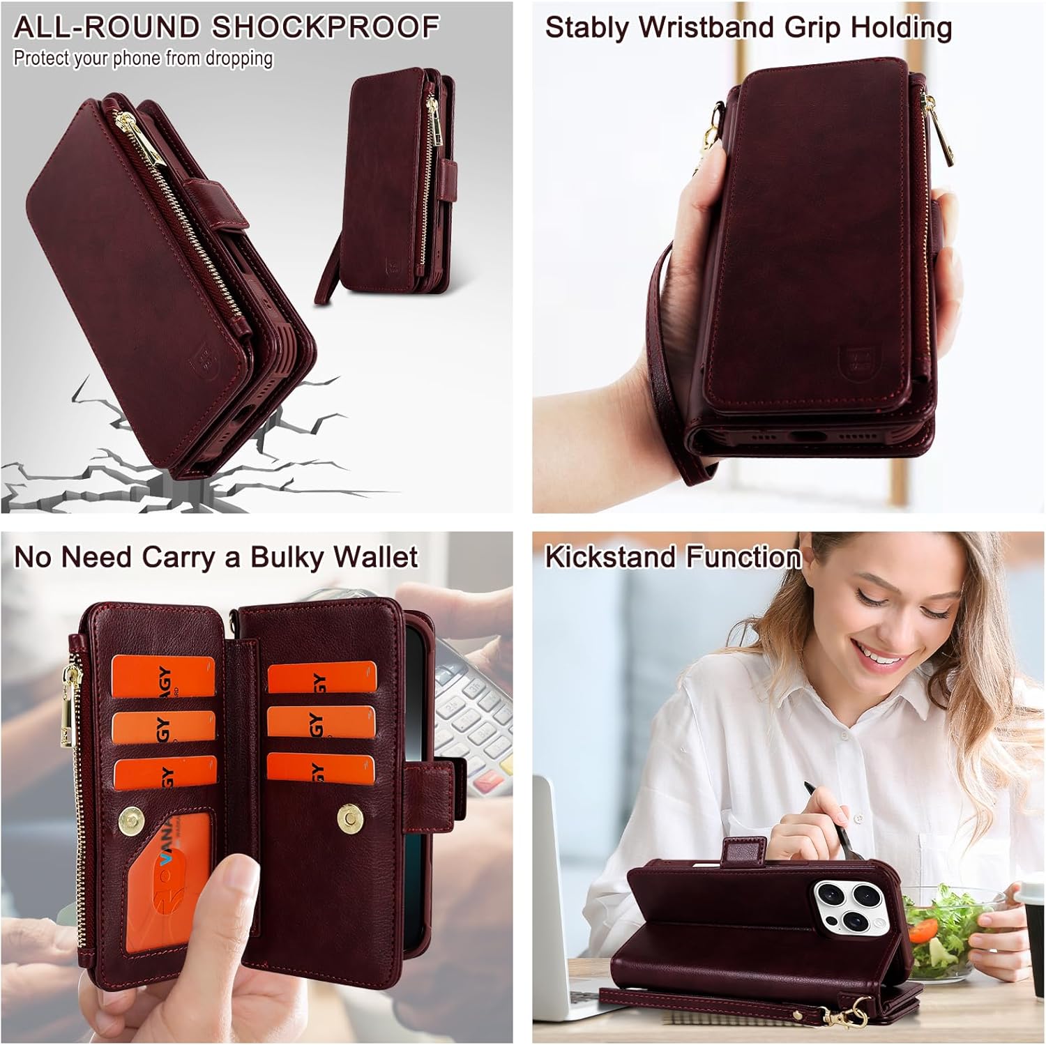 VANAVAGY Compatible for iPhone 16 Pro Max Wallet Case with RFID Blocking Card Holder for Magsafe, PU Leather Magnetic Snap Wallet Detachable Phone Case with Kickstand for 16 promax 6.9inch,Burgundy