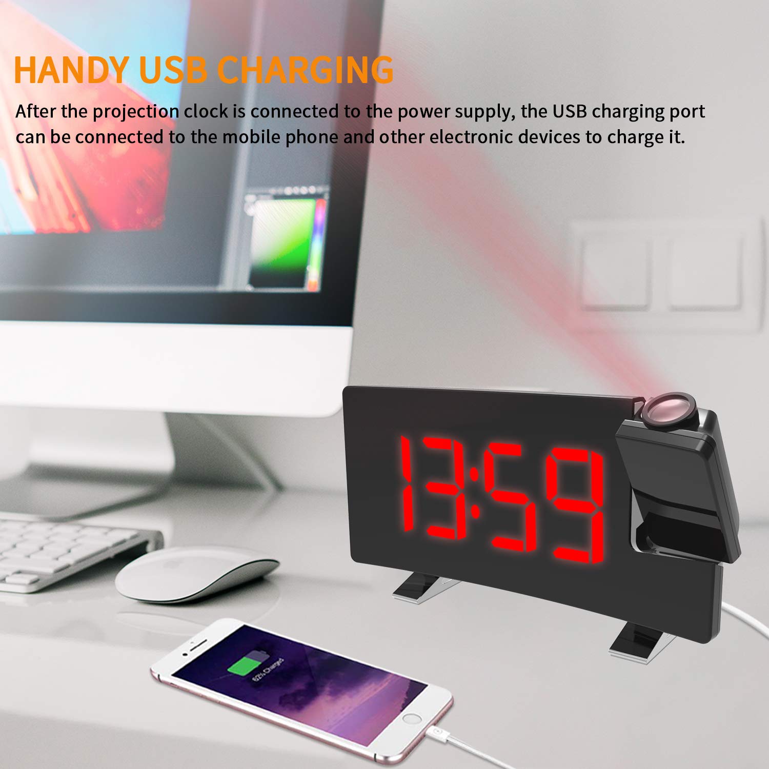 ThreeH Projection Alarm Clock with USB Phone Charger Radio Alarm Clock with 2 Alarm Sounds/4 Dimmer/180° Rotable/5.5" Large LED Screen Clock Red - Image 4