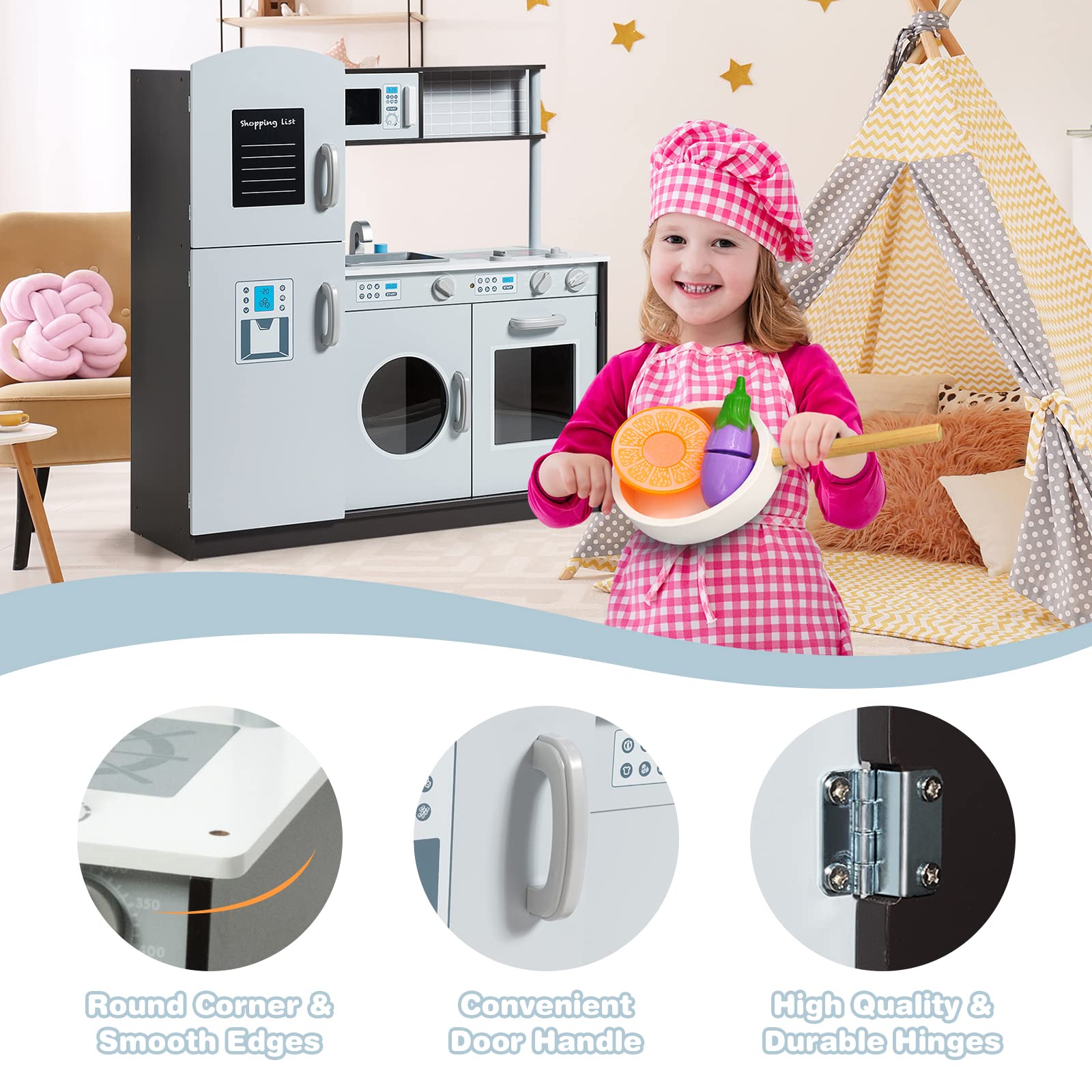 RELAX4LIFE Cucina Giocattolo per Bambini in Legno, Set Cucina di Ruolo con Accessori Diversi, Giocattolo da Cucina con Suoni, per Bambini più di 3 Anni