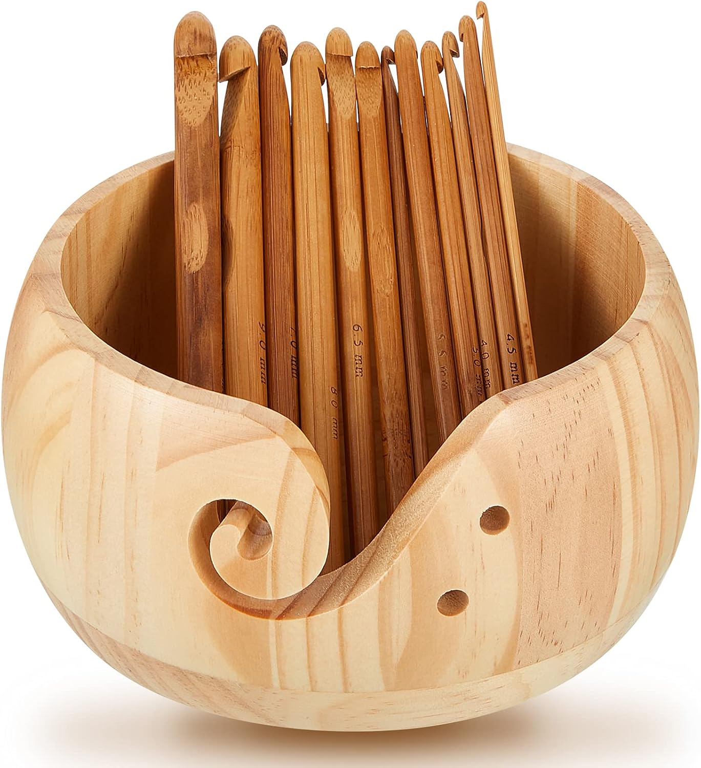 Patelai 7 x 7 x 3 Inch Wooden Yarn Bowls for Crocheting Round Knitting Wool Storage Yarn Bowl Handmade with Holes 12 Pieces Crochet Hooks for Knitting DIY Crafts Tools(Dark Brown)