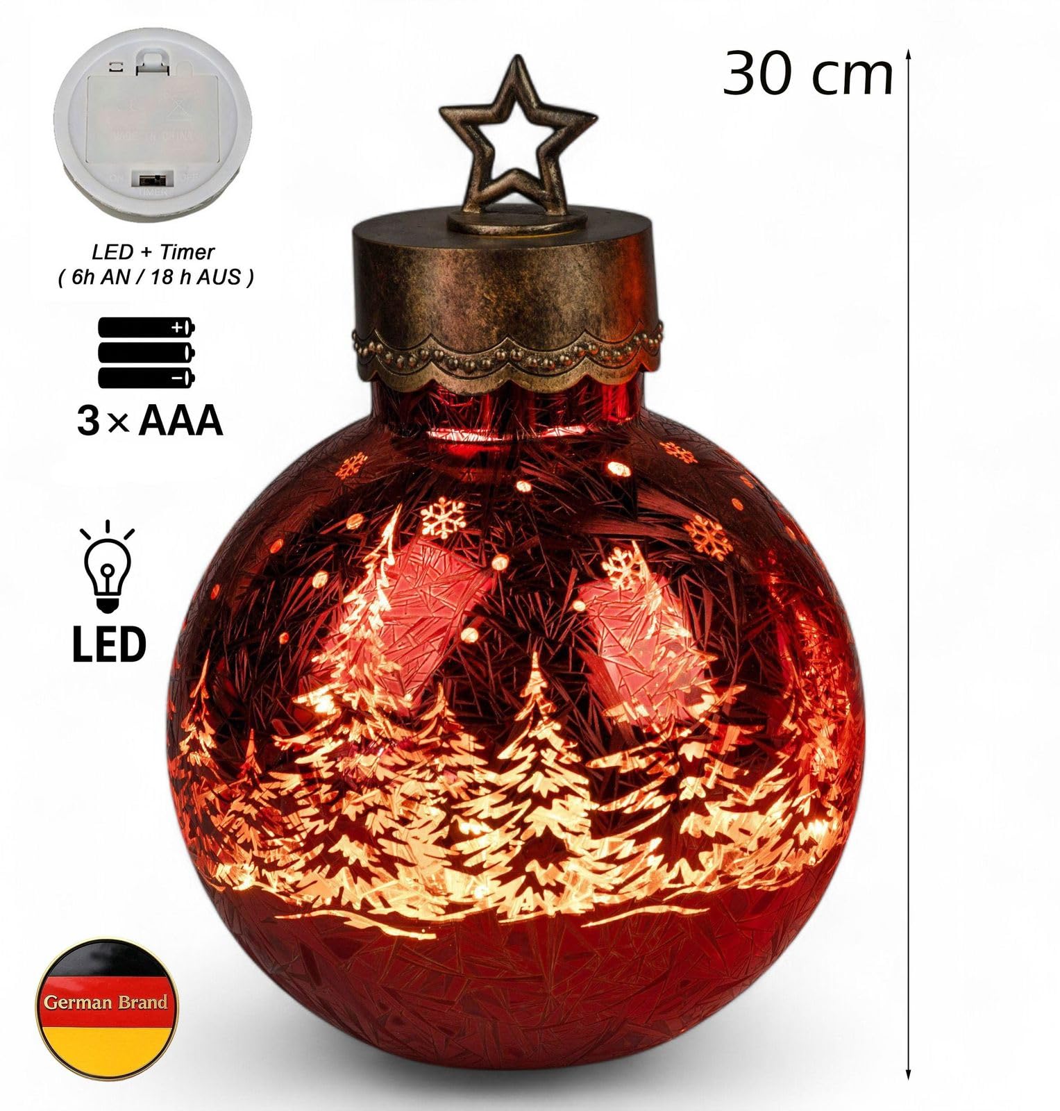 formano LED Deko-Kugel Frosty Rot 30 cm Farb-Glaskugel in Ice-Optik Timer 6h/18h beleuchtet - Batteriebetrieben - Herbst Winter Weihnachtsdeko für Tisch Regal Fensterbank