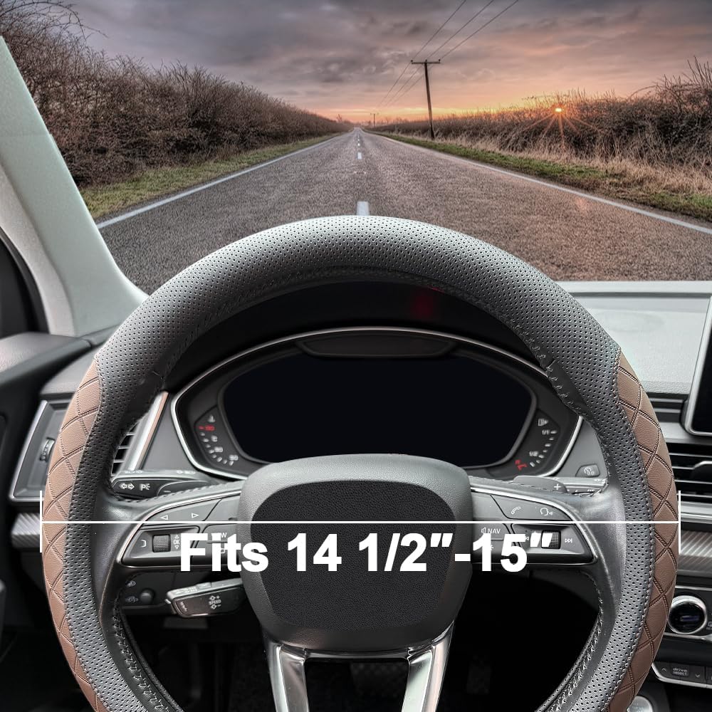LKWLIKEI Nappa Leather Steering Wheel Cover,Elegant Diamond Checkered Design, Non-Slip wear-Resistant, Enhance Driving Comfort, Suitable for Steering Wheel Diameter 14 1/2‘-15’ Models.Black Brown - Image 4