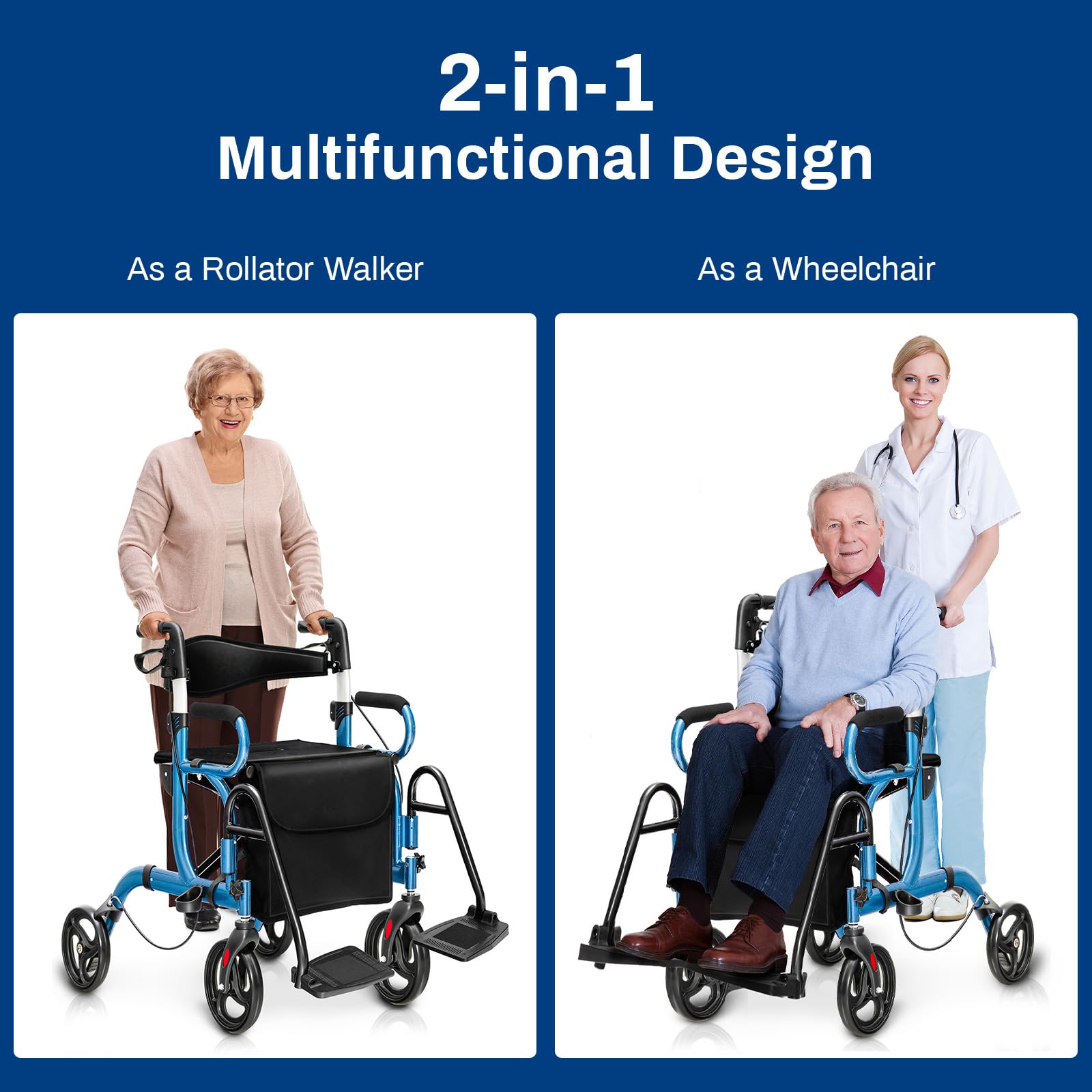 GOPLUS Andador 2 en 1 con Asiento, Ayuda para Caminar Plegable con Altura Ajustable, Respaldo Reversible, Bolsa de Almacenamiento, Silla de Transporte de Aluminio Ligero con Ruedas de 20,3 cm (Azul)