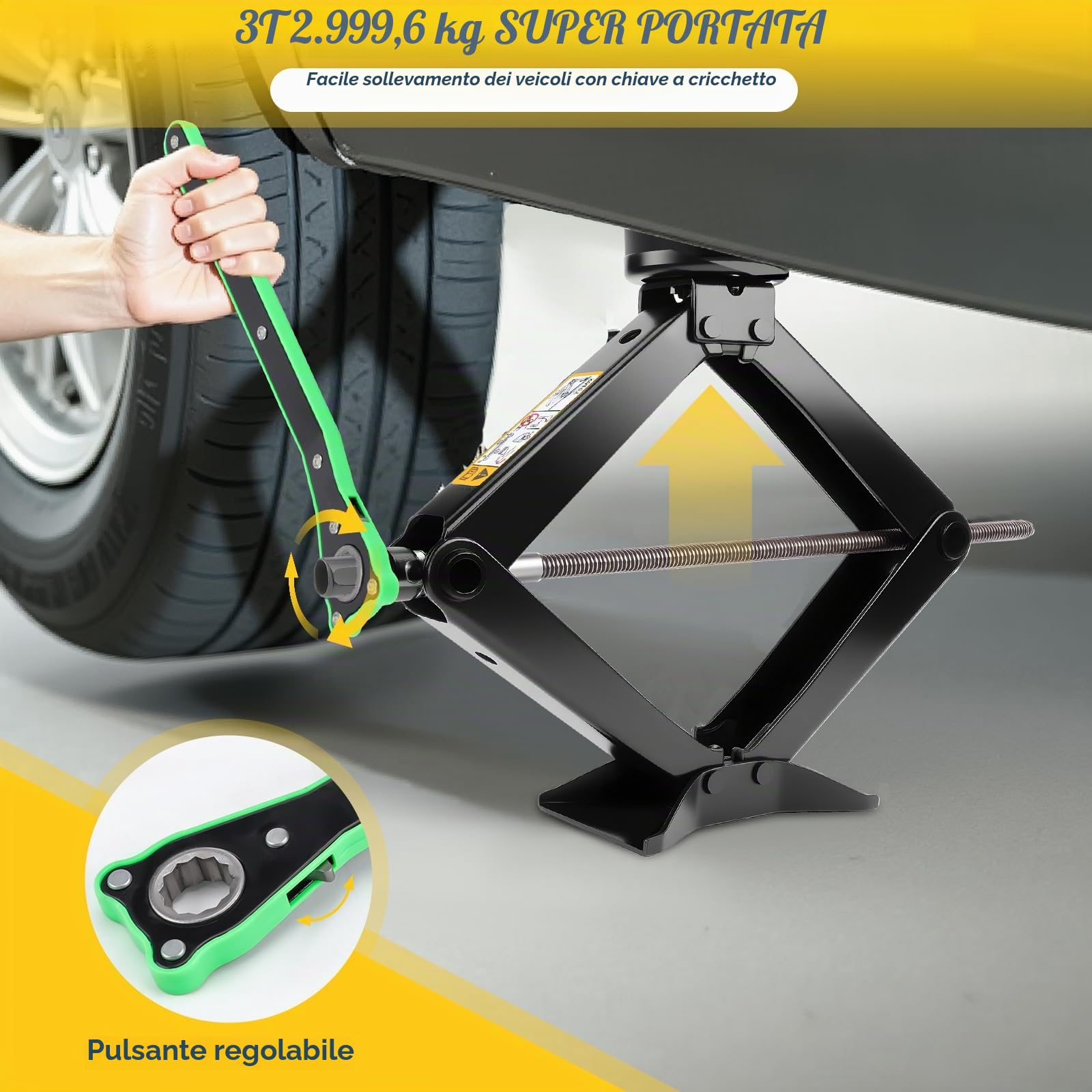 KAOLALI Cric Per Auto 3T/3000kg, Cric Auto Con Universale Tampone In Gomma | Cric a Forbice Per Auto Con Chiave Per Dadi Ruota Portatile, Kit Di Emergenza Per Auto SUV Tesla Model 3/Y/S/X