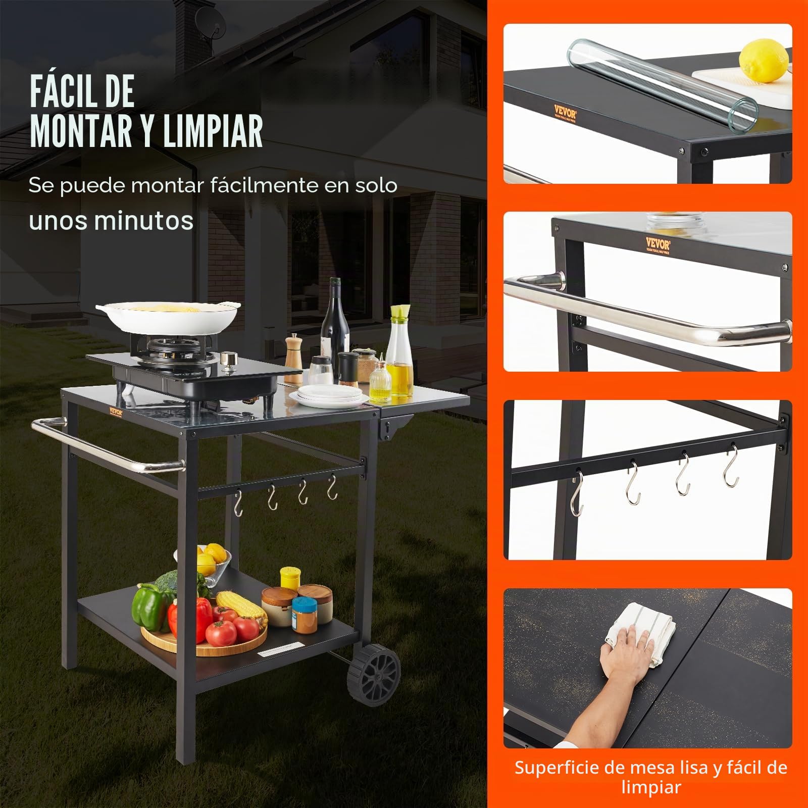 VEVOR Carrito de Comedor para Barbacoa al Aire Libre con Estante Doble, Mesa Móvil de Preparación de Alimentos para Barbacoa, Mesa de Hierro Plegable Multifuncional, Carros Modulares para Exteriores