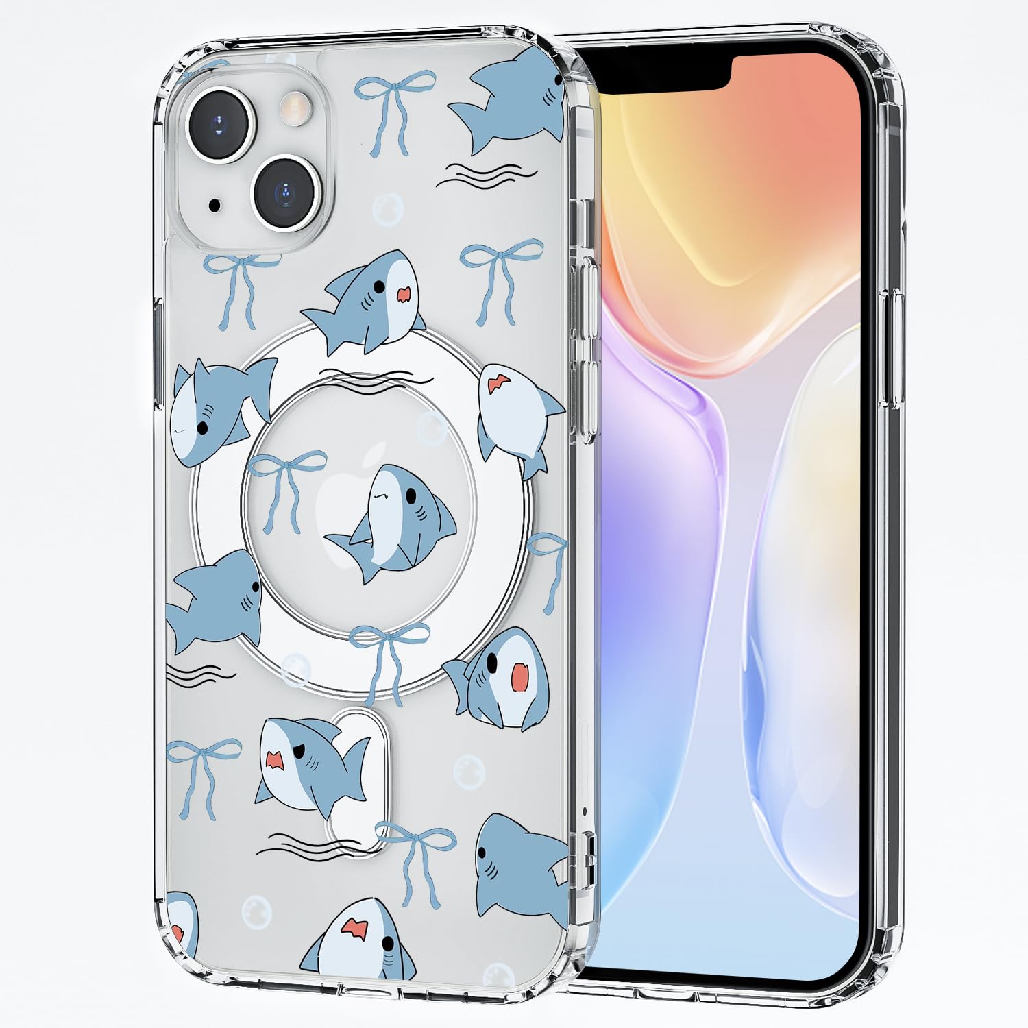 CozyNestCYMagnetic Cute Bow Shark Case for iPhone 14 Cartoon Animal Clear Phone Cover Compatible with Magsafe Wireless Slim Kawaii Sea Phone Shell