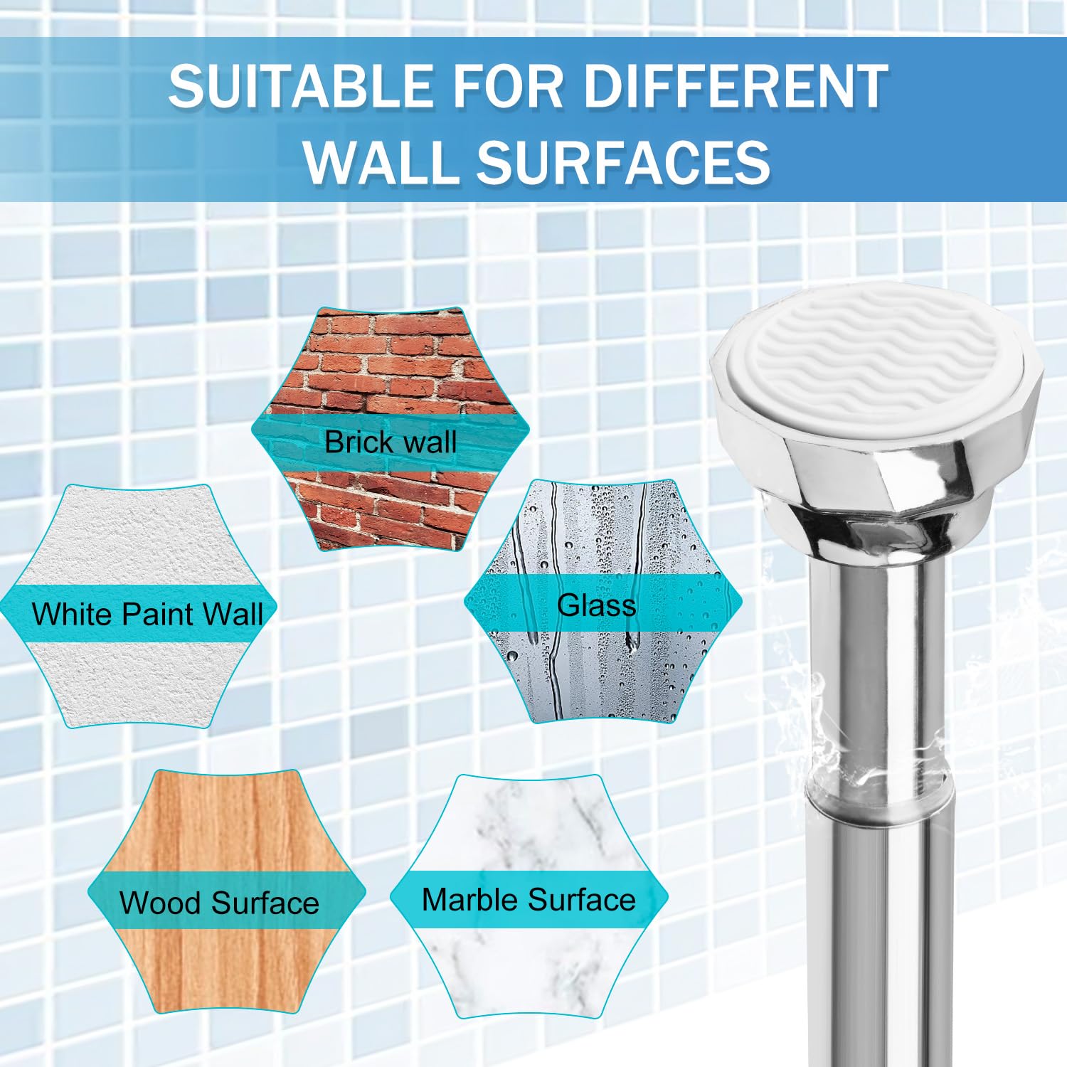 Silver Shower Curtain Rod, Adjustable Spring Tension Shower Curtain Rod 30-98 Inch,Stainless Steel,No Drilling No Rust,Anti-Slip