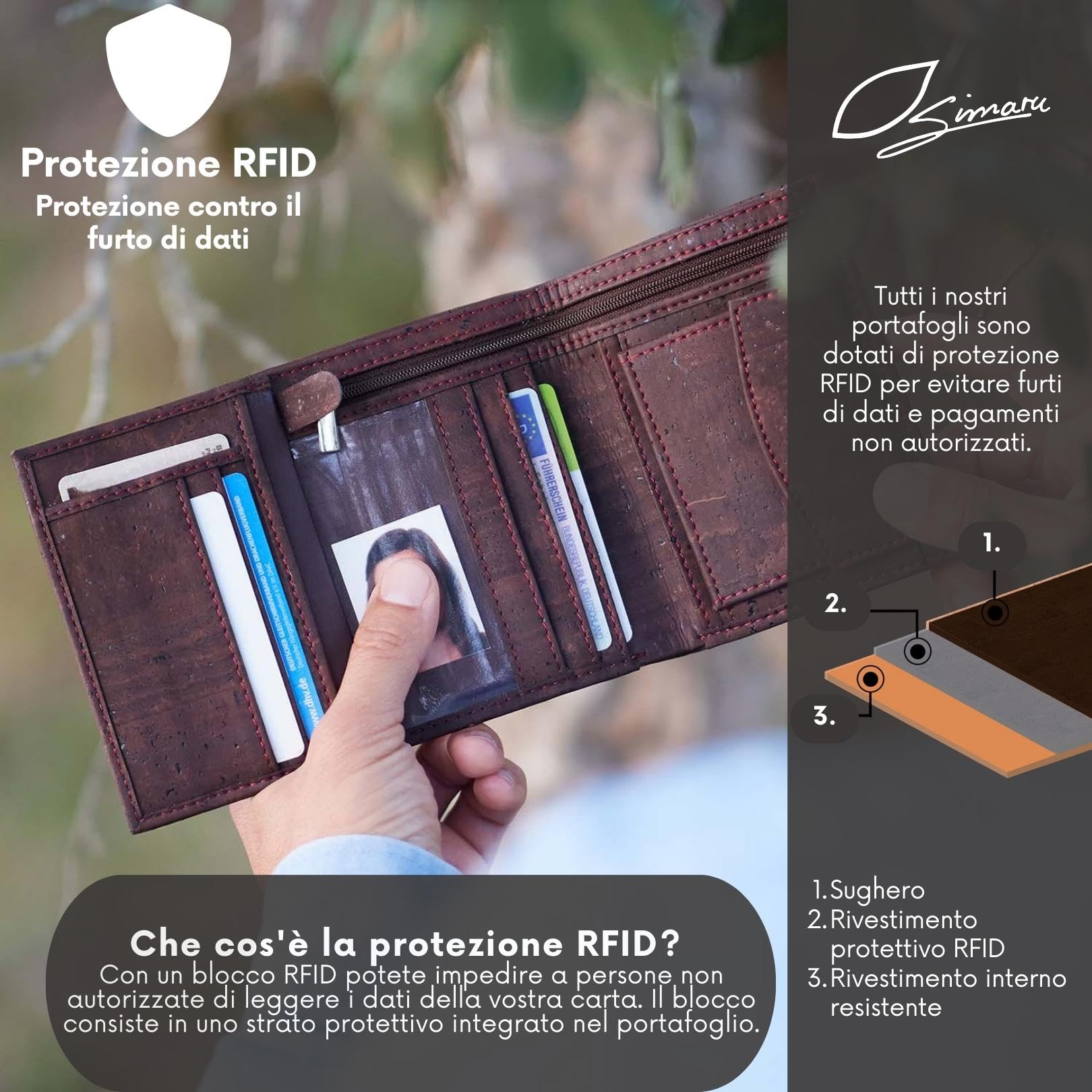 Simaru portafoglio uomo in sughero con protezione RFID, portafoglio vegan, ecologico per banconote, monete e carte, porta fogli elegante, robusto