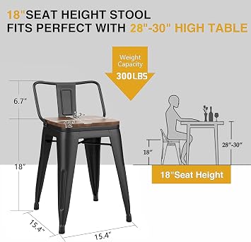 Yongchuang 18 Bar Stools Set of 4 Metal Short Stools with Back Black
