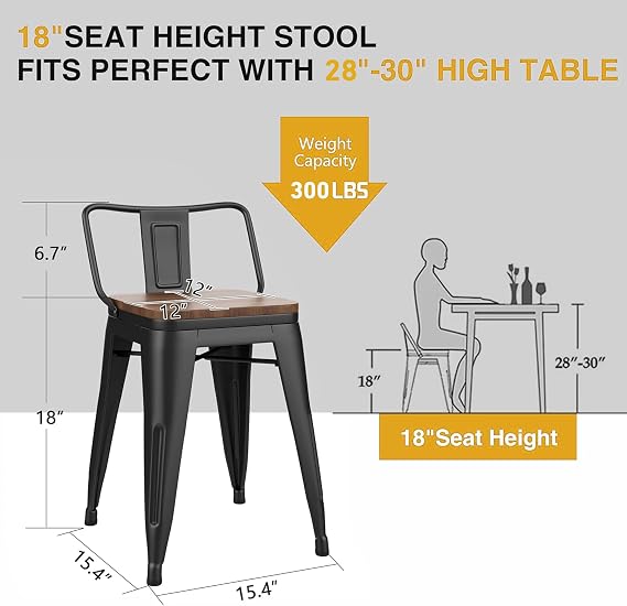 Yongchuang 18 Bar Stools Set of 4 Metal Short Stools with Back Black