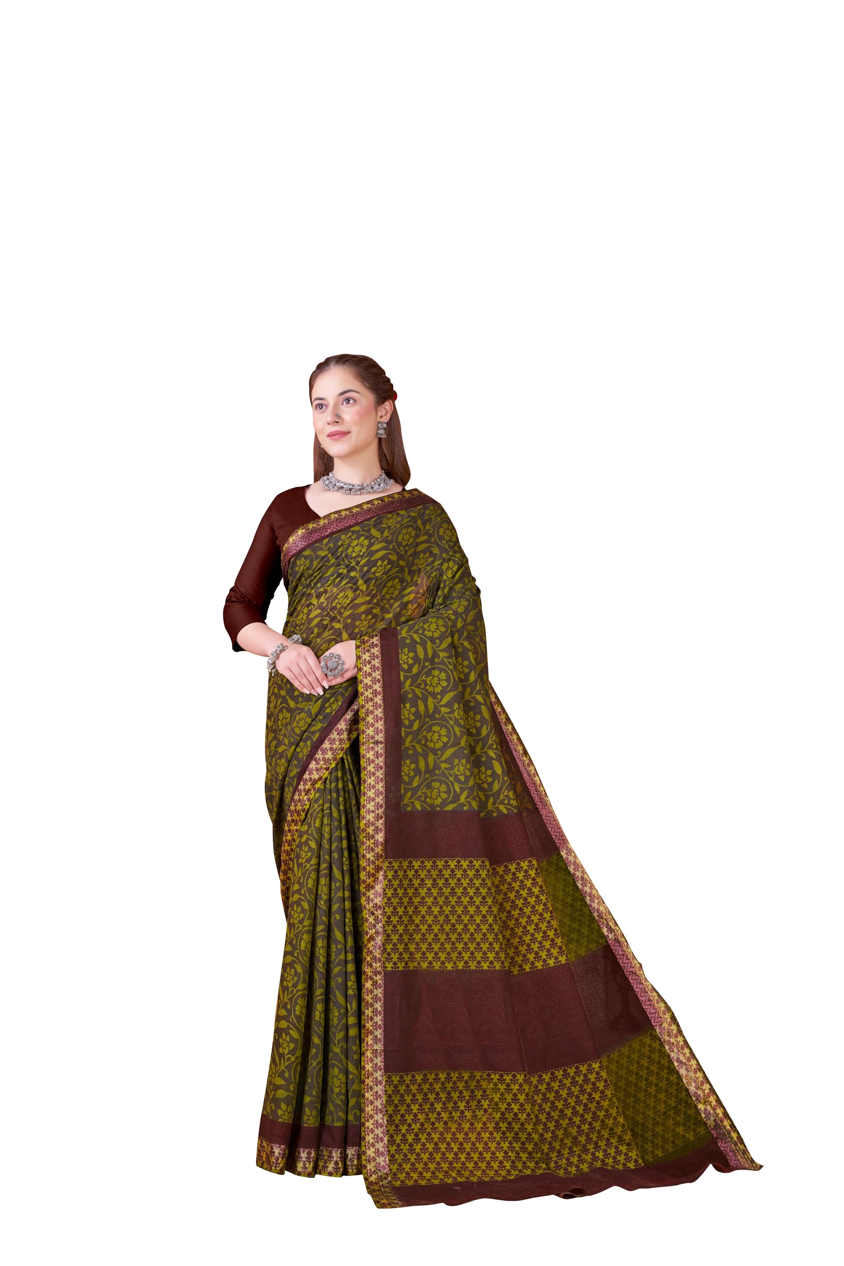 tamaira fashion Women's Floral Printed Pure Soft Cotton Zari Border Saree Without Blouse Piece(2565_Parent)-picture-55