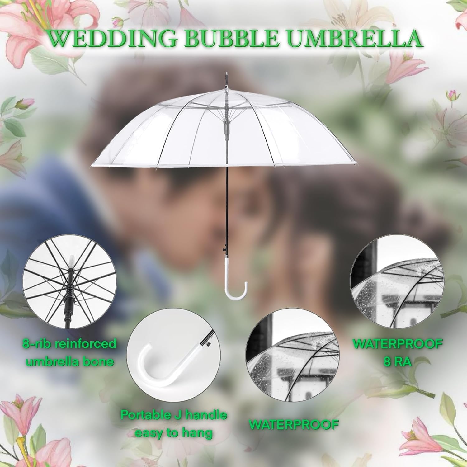 50 Pack Large Clear Wedding Umbrellas Bulk Transparent Auto Open/Close with Wind Resistance for Added Convenience Features J-Hook Handle for Easy Hanging Ideal for Weddings, Dances, Golf Parties, and Various Outdoor Events